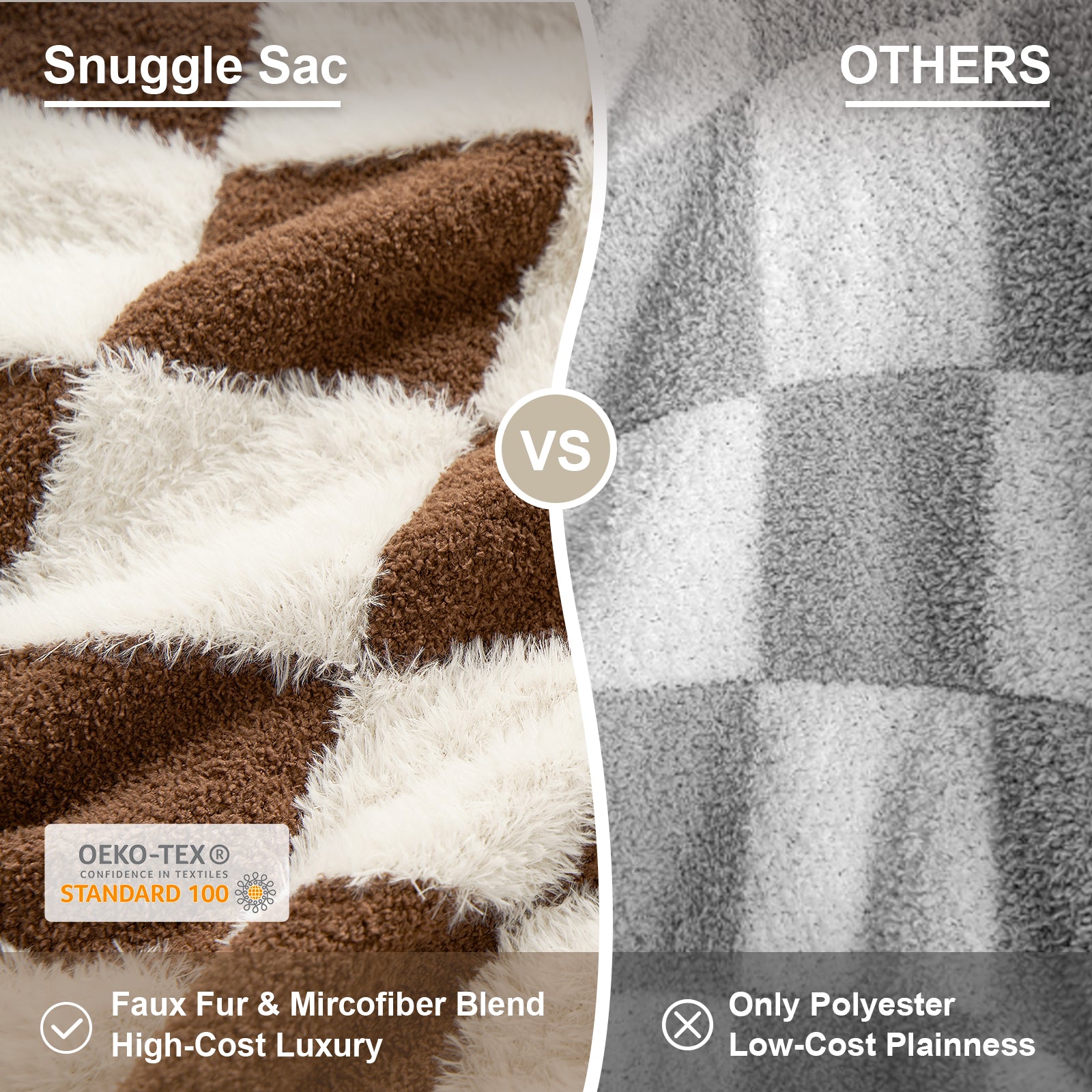 Comparison of Snuggle Sac fabric with other fabrics on a checkered background.#color_Brown