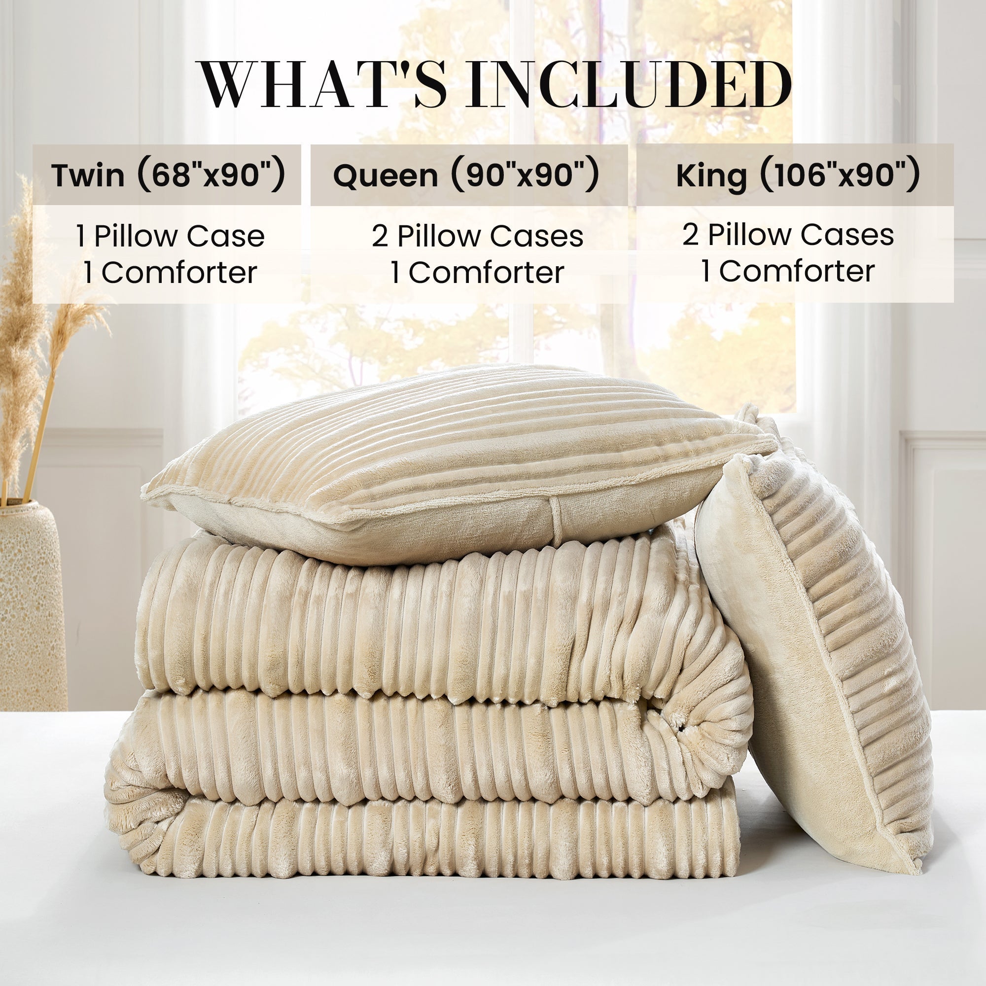 Snuggle Sac Winter Striped Flannel Fleece Comforter Set on bed with different sizes #color_Beige