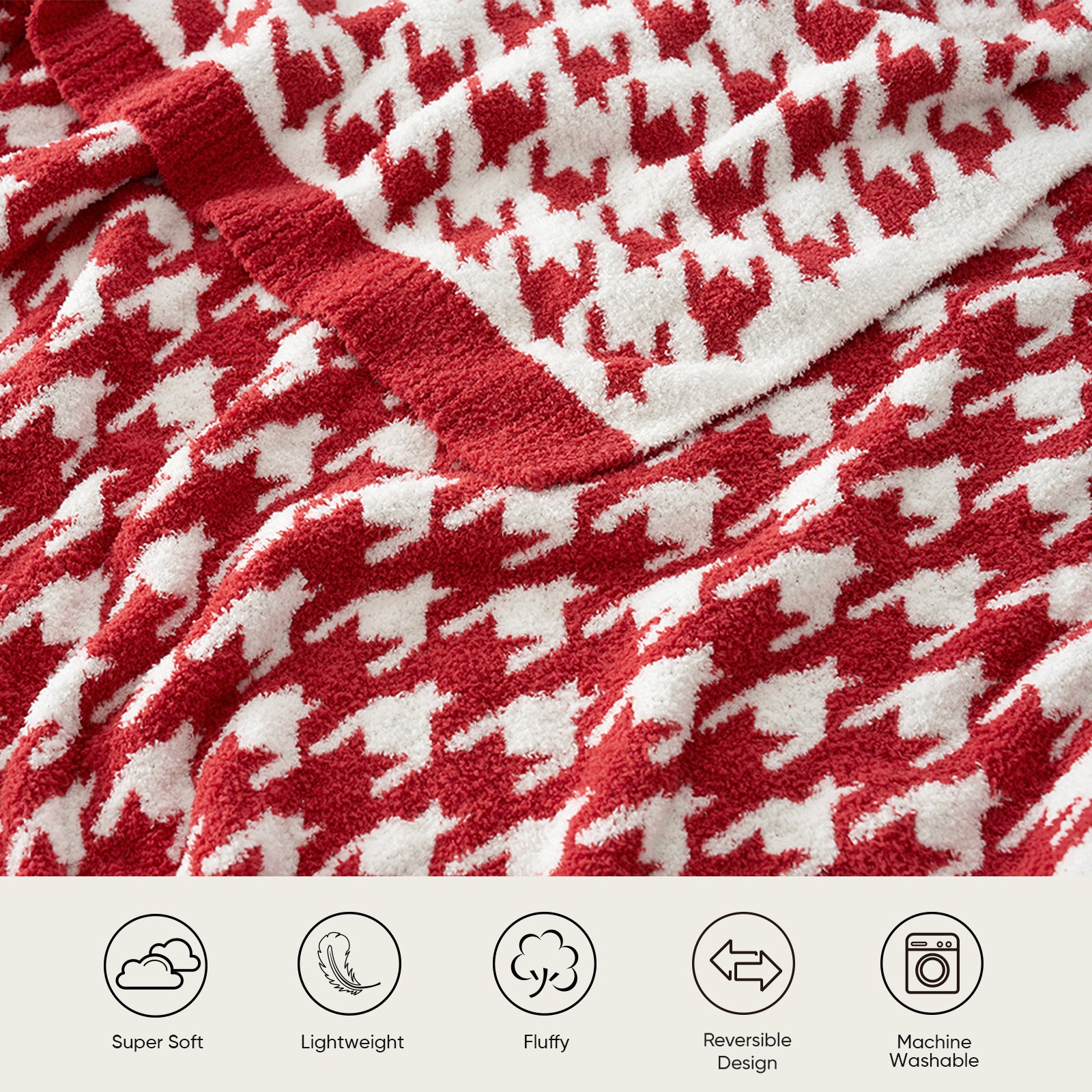 Red and white houndstooth patterned fabric with product features listed below. #color_Red