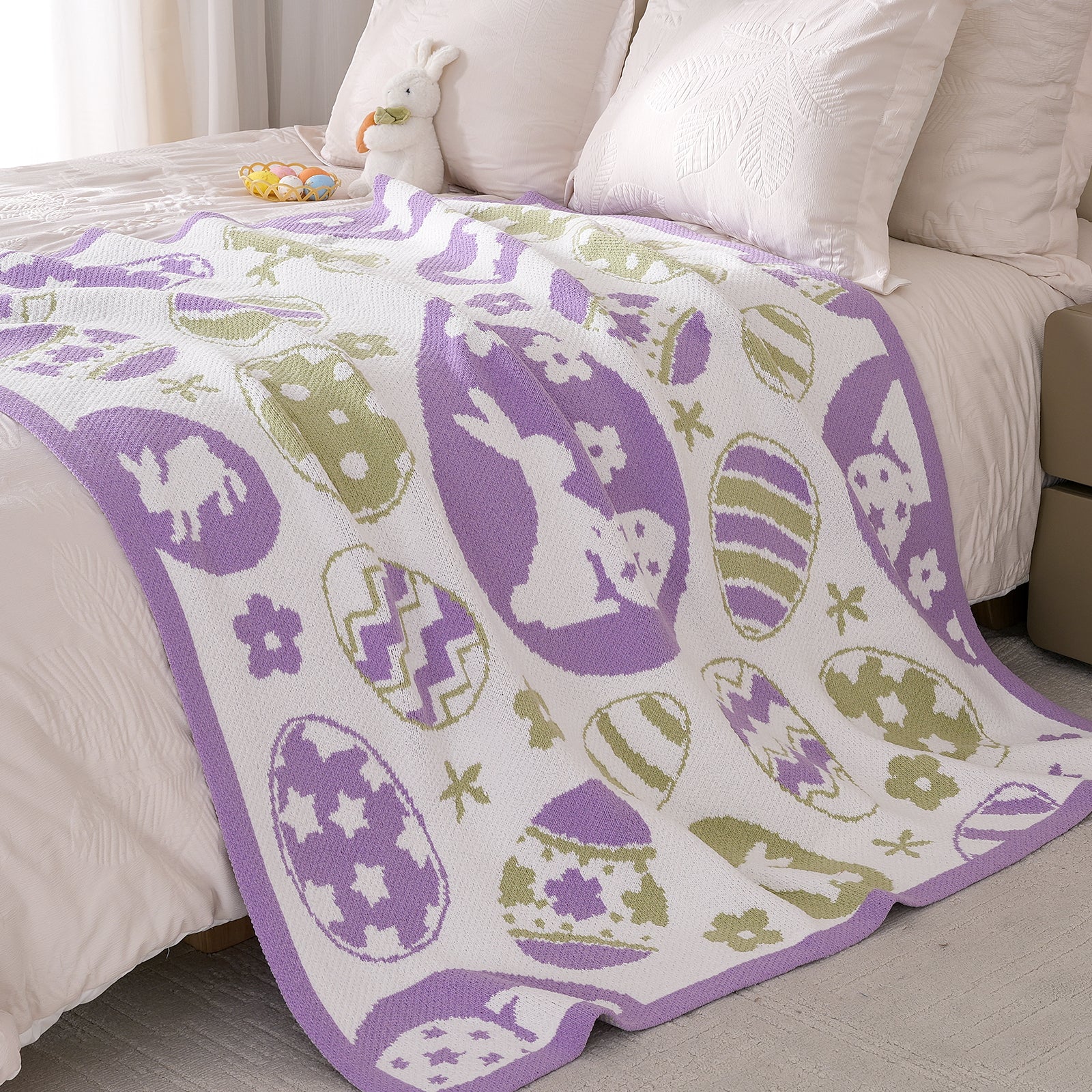 SnugCozy Easter Bunny and Eggs Chenille Knit Throw Blanket