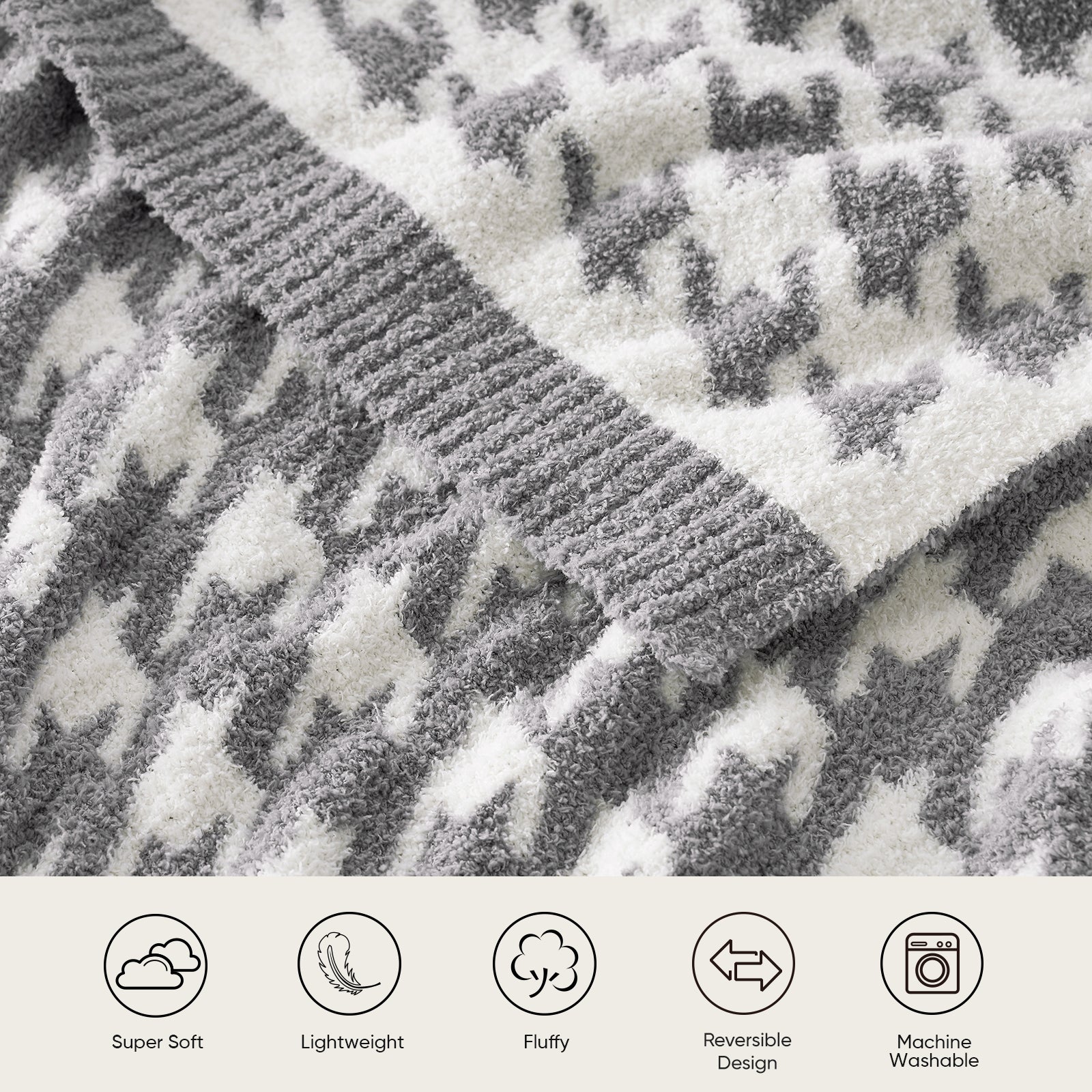 Close-up of a textured fabric with a checkered pattern, featuring icons indicating softness, light weight, fluffiness, reversible design, and machine washability. #color_Grey