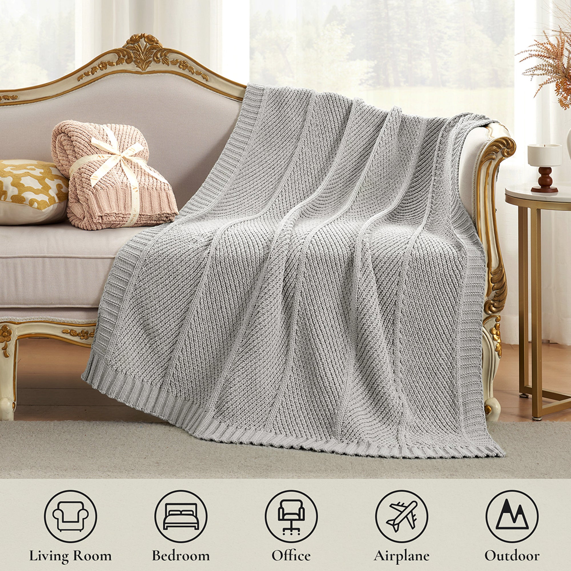 Chevron chenille knit throw blanket in Light Grey suitable for living room bedroom office travel and outdoor use #color_Light Grey