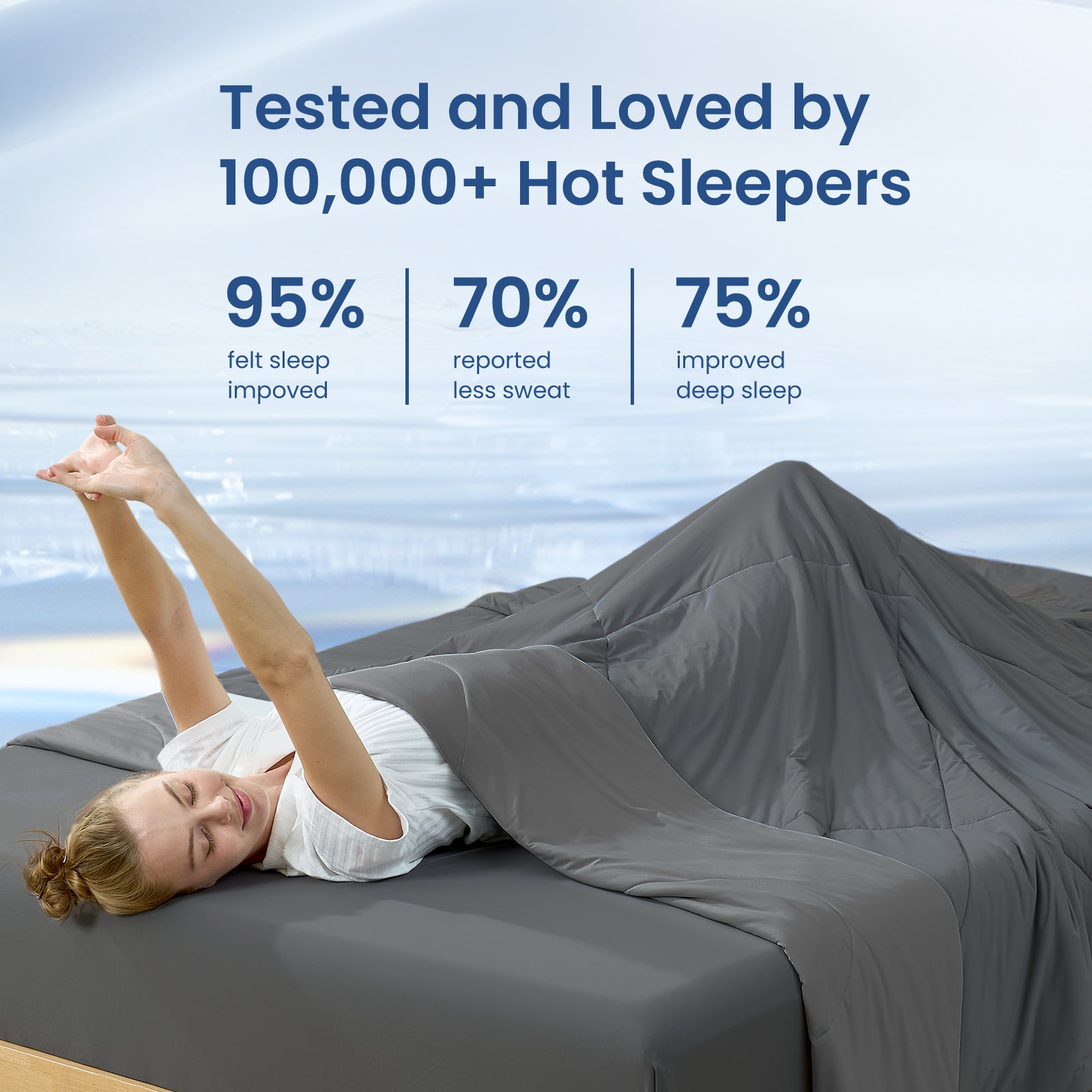 Woman waking up refreshed under cooling blanket, better sleep for hot sleepers.#Color_Charcoal Grey