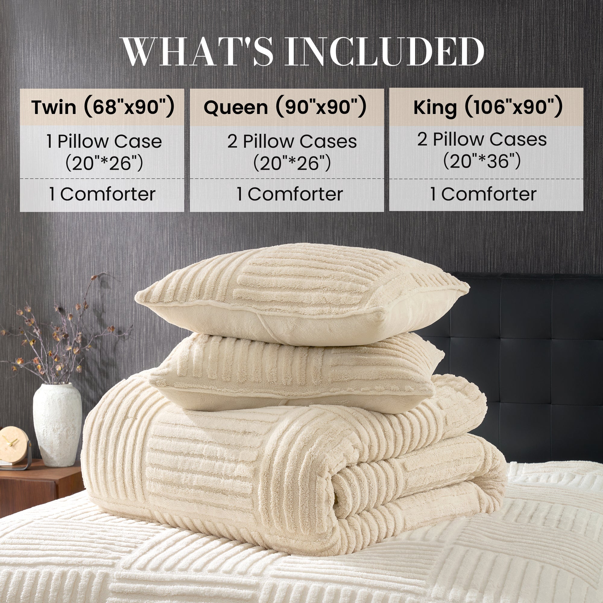 Snuggle SacWinter Stripe Jacquard Design Comforter Set in khaki on bed showing different sizes#color_Khaki