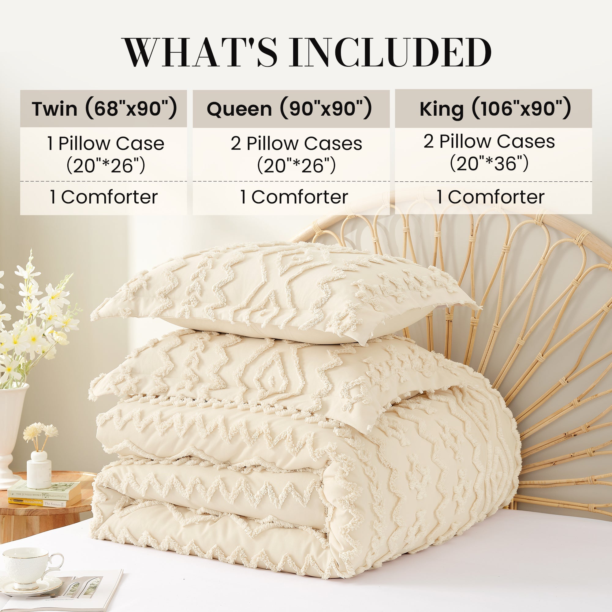 Folded Snuggle Sac All-Season Boho Deluxe Embroidery Comforter Set, showin different sizes#color_Beige