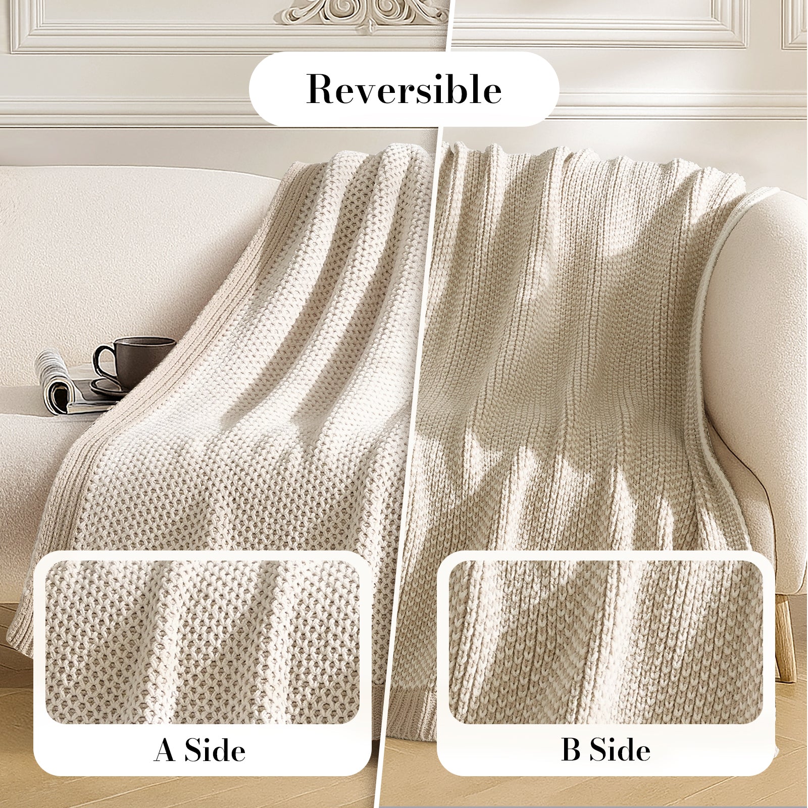 Reversible two tone chenille knit throw blanket in Khaki showing A side and B side texture #color_Khaki