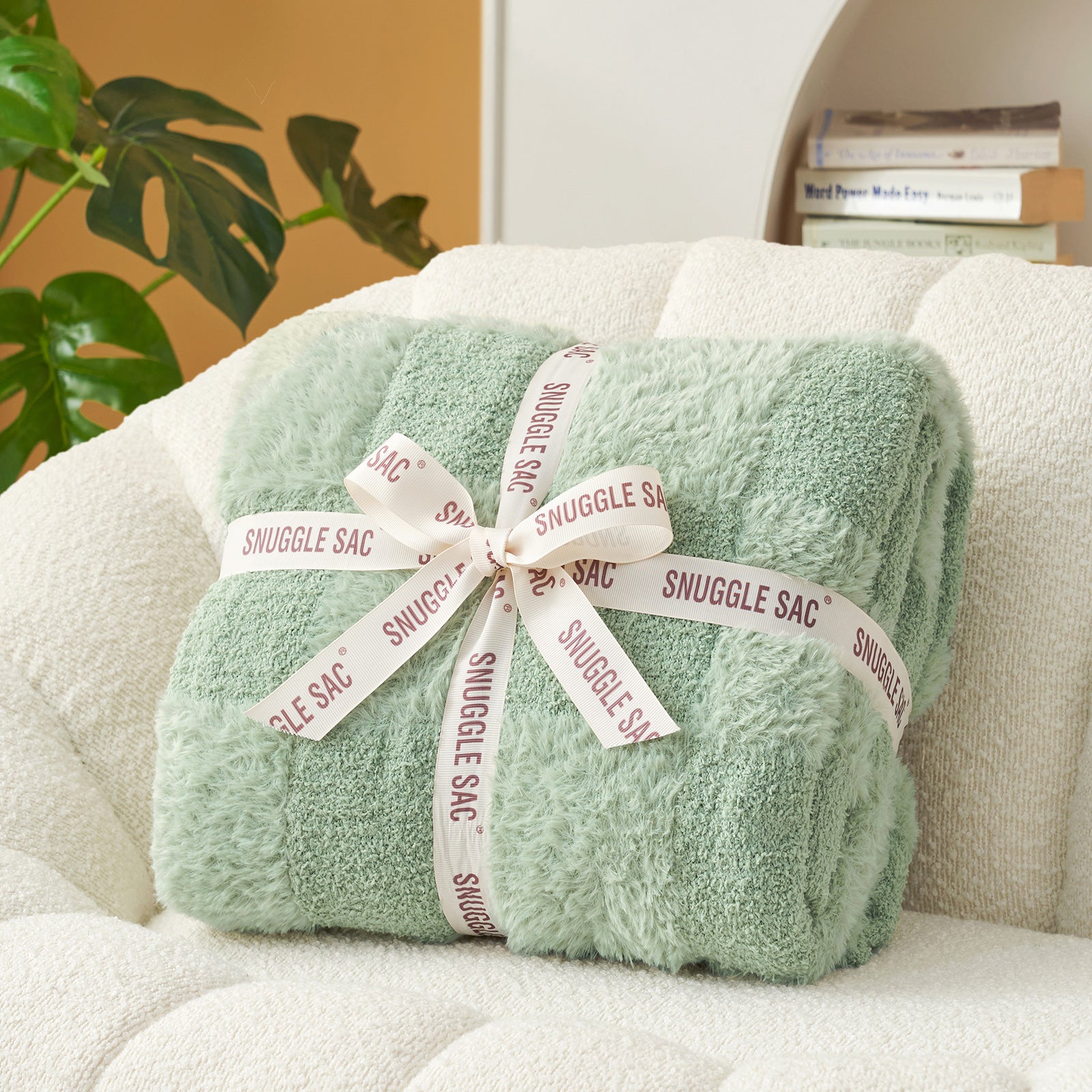 Checkered Faux Fur Microfiber Blanket - #Color_Sage Green
