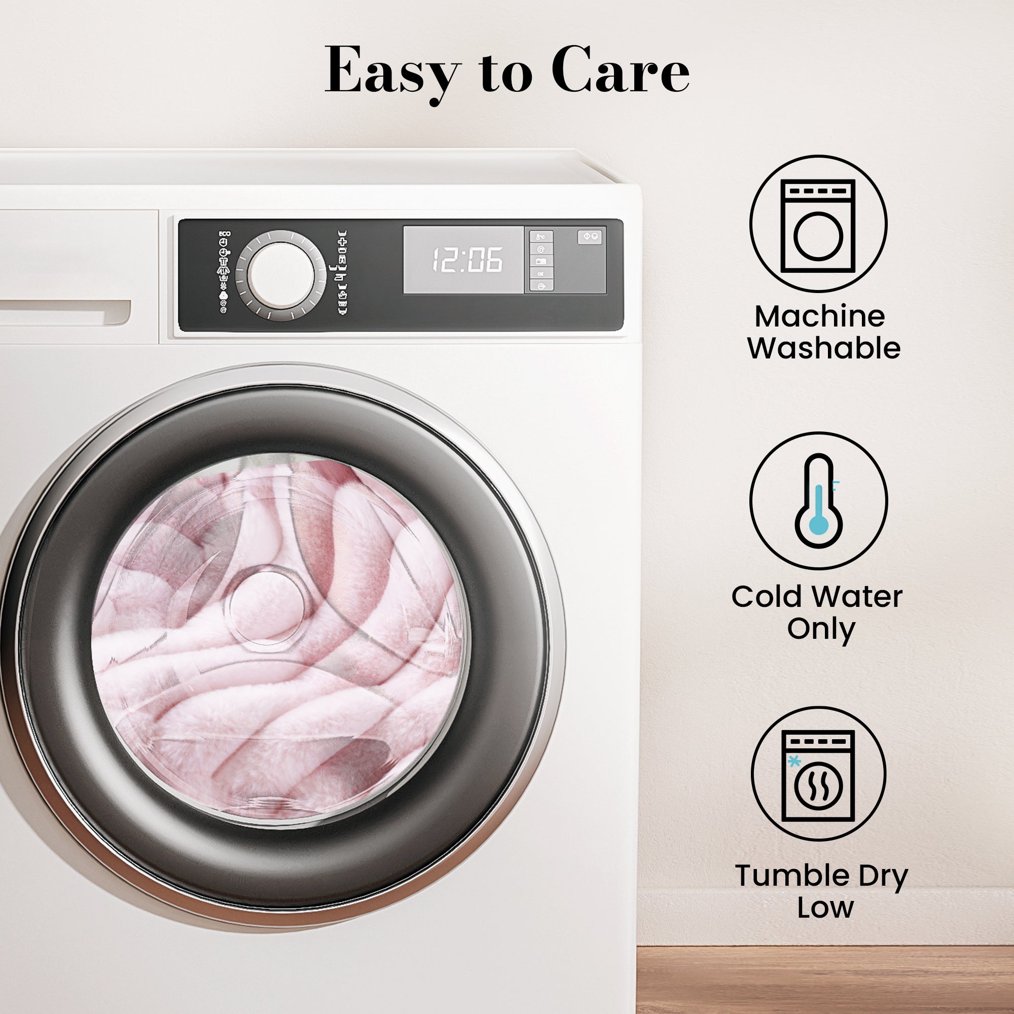 Snuggle Sac Striped Faux Fur Backrest Reading Pillow in a laundry machine showing the instructions of how to easy care the product #color_Pink