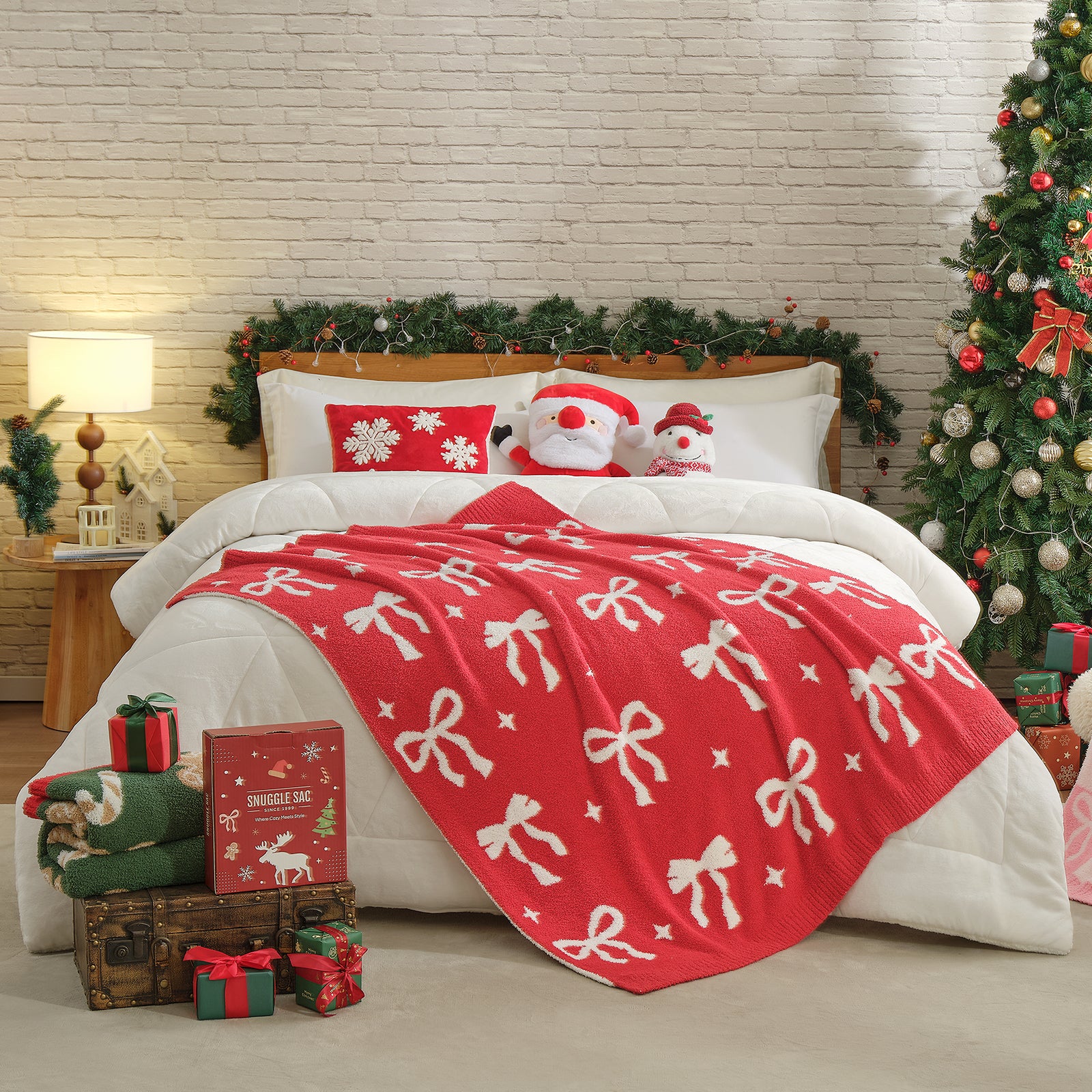 Reversible Red Bow Christmas Throw Blanket