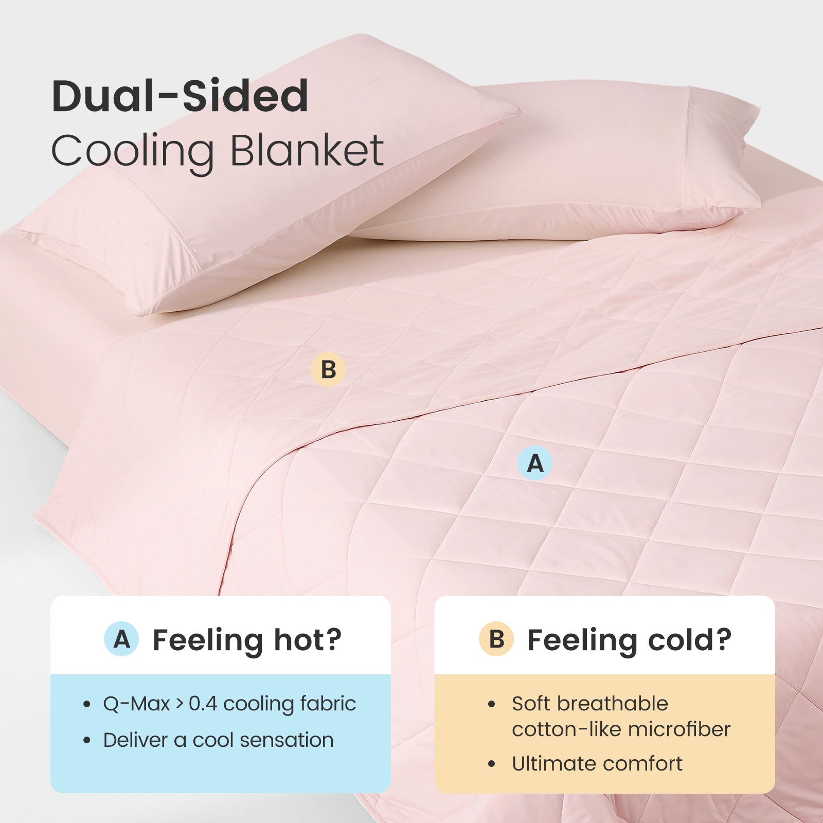 Pink dual-sided cooling blanket on a bed with text indicating different uses.#color_Pink
