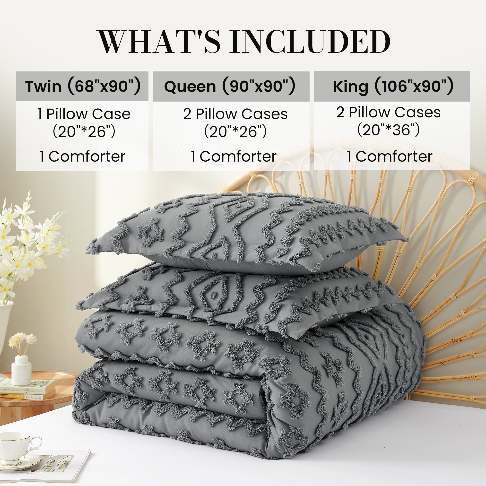 Folded Snuggle Sac All-Season Boho Deluxe Embroidery Comforter Set, showin different sizes#color_Dark Grey