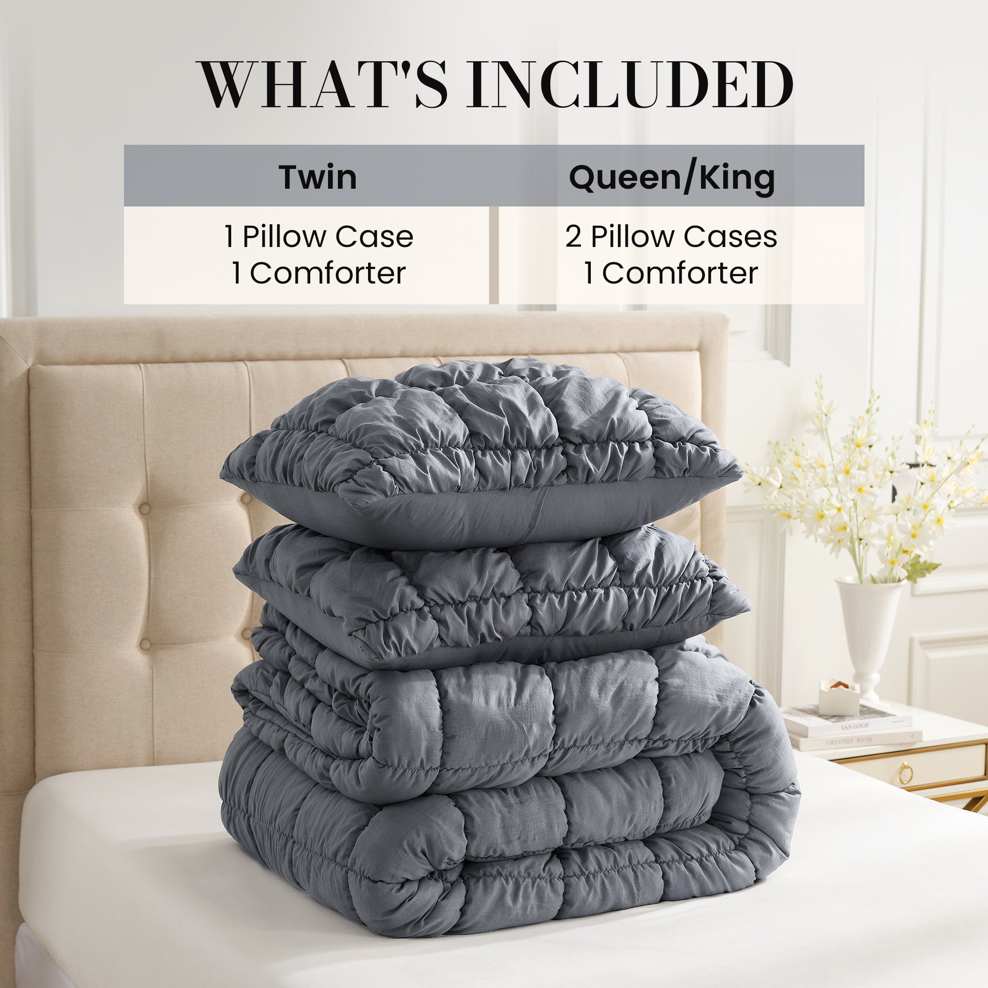 Snuggle Sac All-Season Bubble Comforter Set on bed with different sizes included#color_Dark Grey