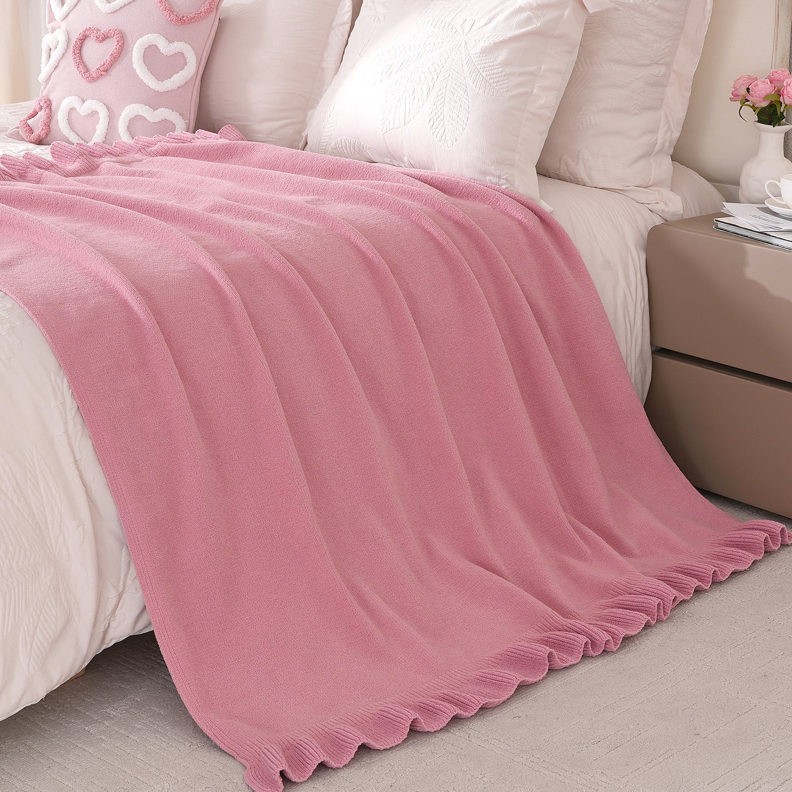 SnugCozy Valentine Pink Ruffle Chenille Knit Throw Blanket