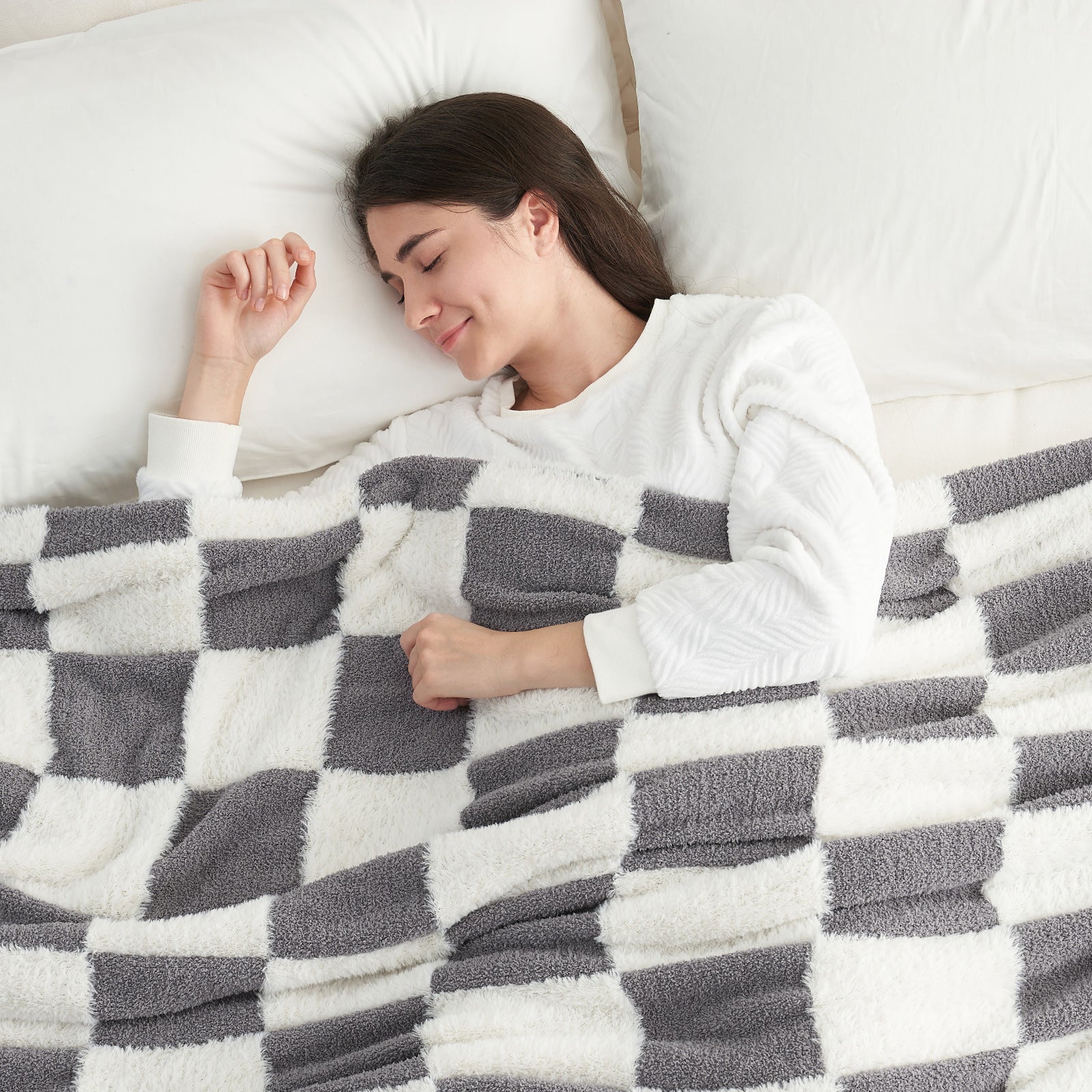 Checkered Faux Fur Microfiber Blanket - #Color_Grey White