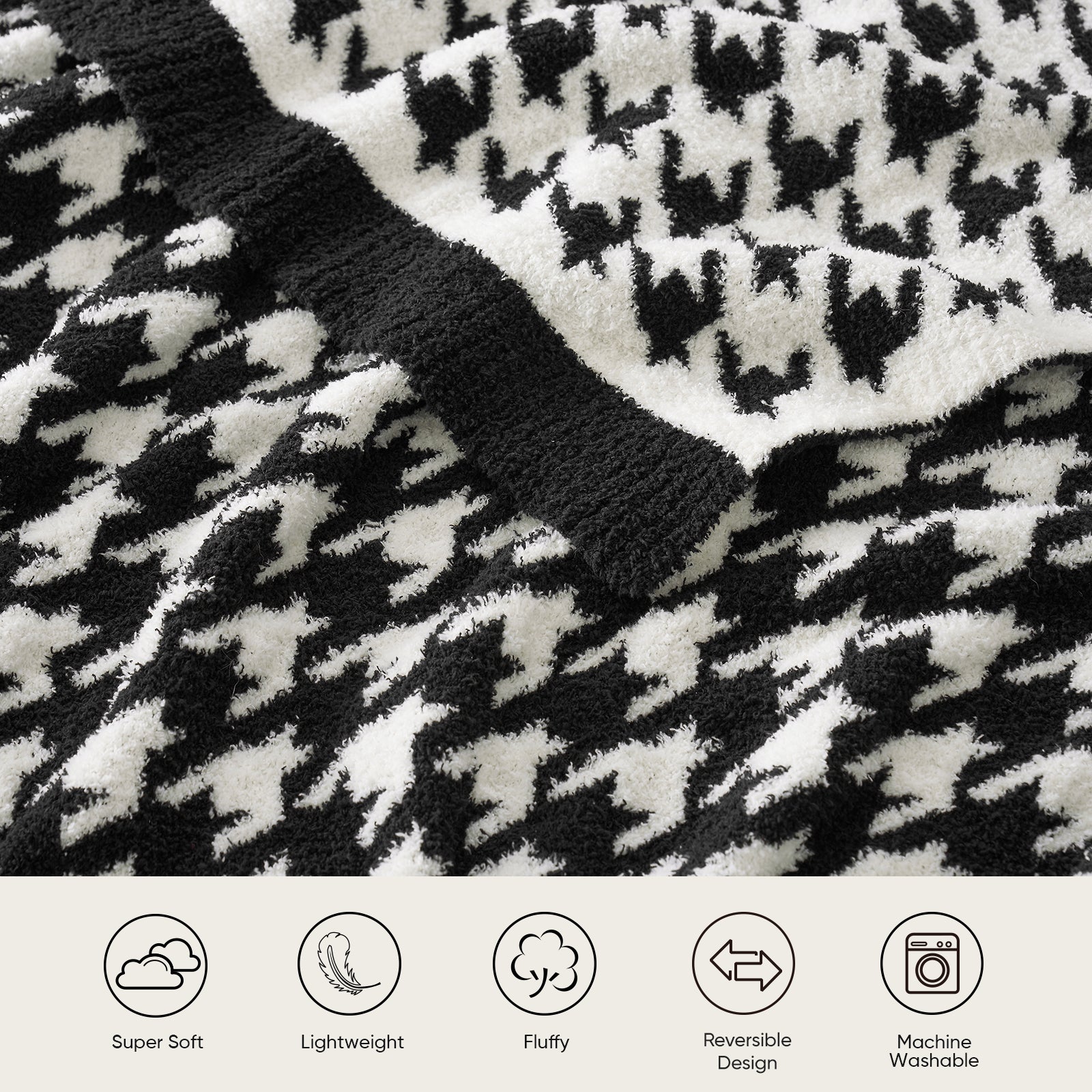 Black and white houndstooth patterned blanket with text indicating features like 'Super Soft', 'Lightweight', 'Fluffy', 'Reversible Design', and 'Machine Washable'. #color_Black