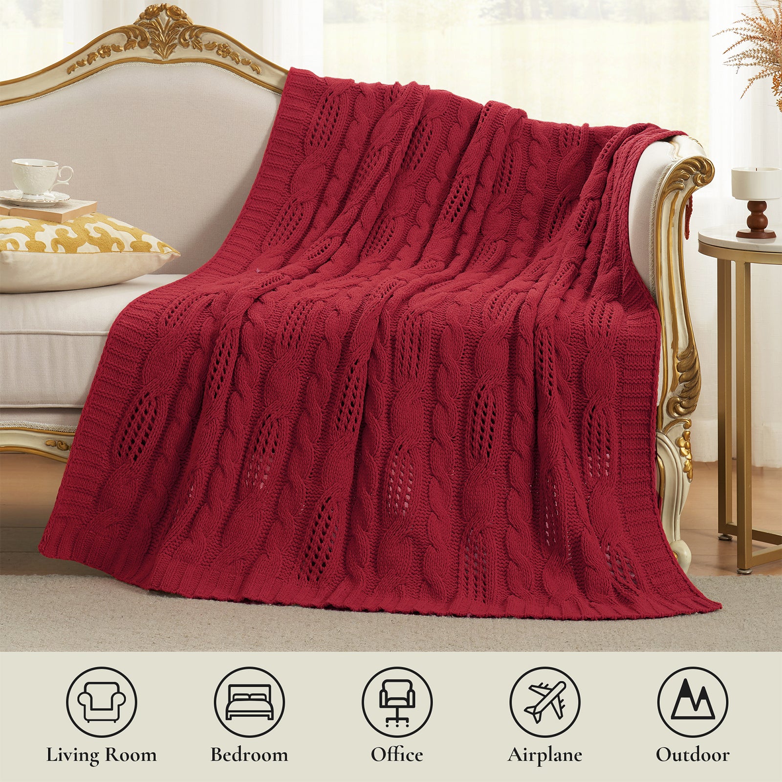 Cable chenille knit throw blanket in Red suitable for living room bedroom office travel and outdoor use #color_Red