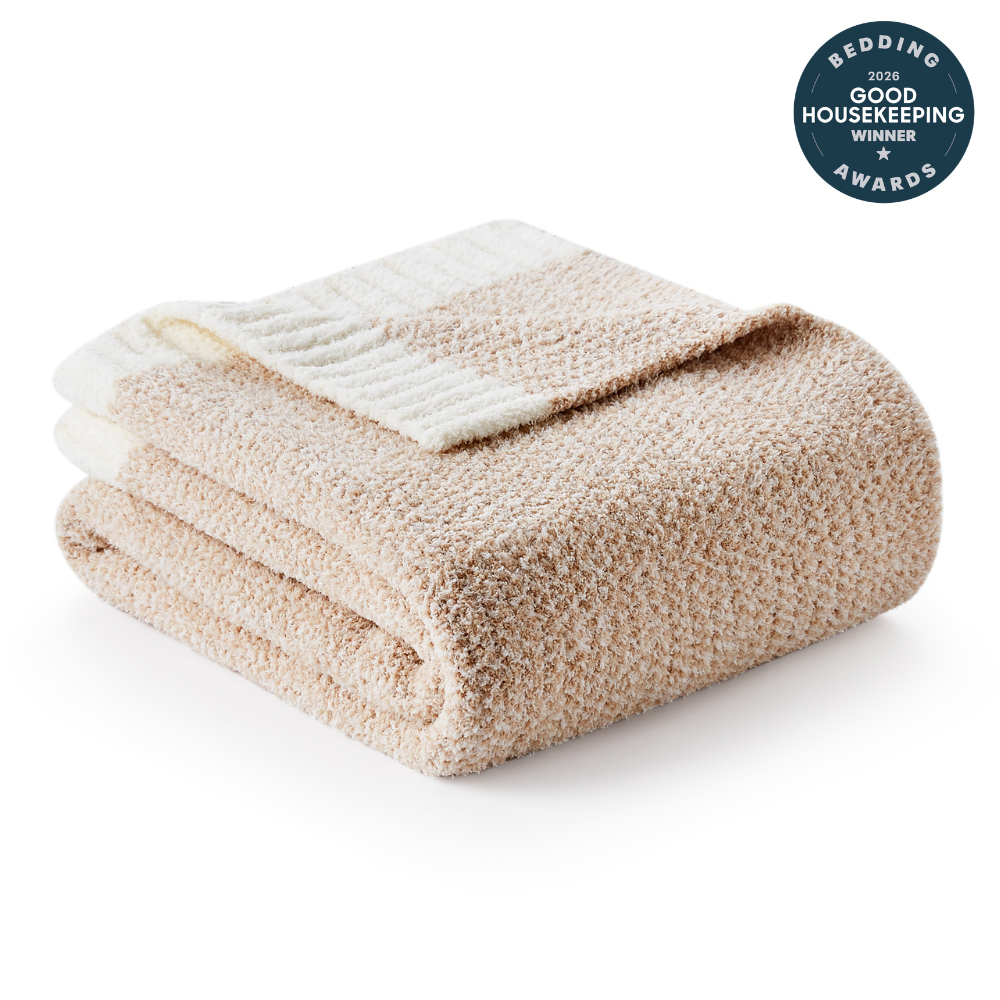 Snuggle Sac Heather Feather Yarn Beige Knit Throw Blanket front view #color_Cream/Beige