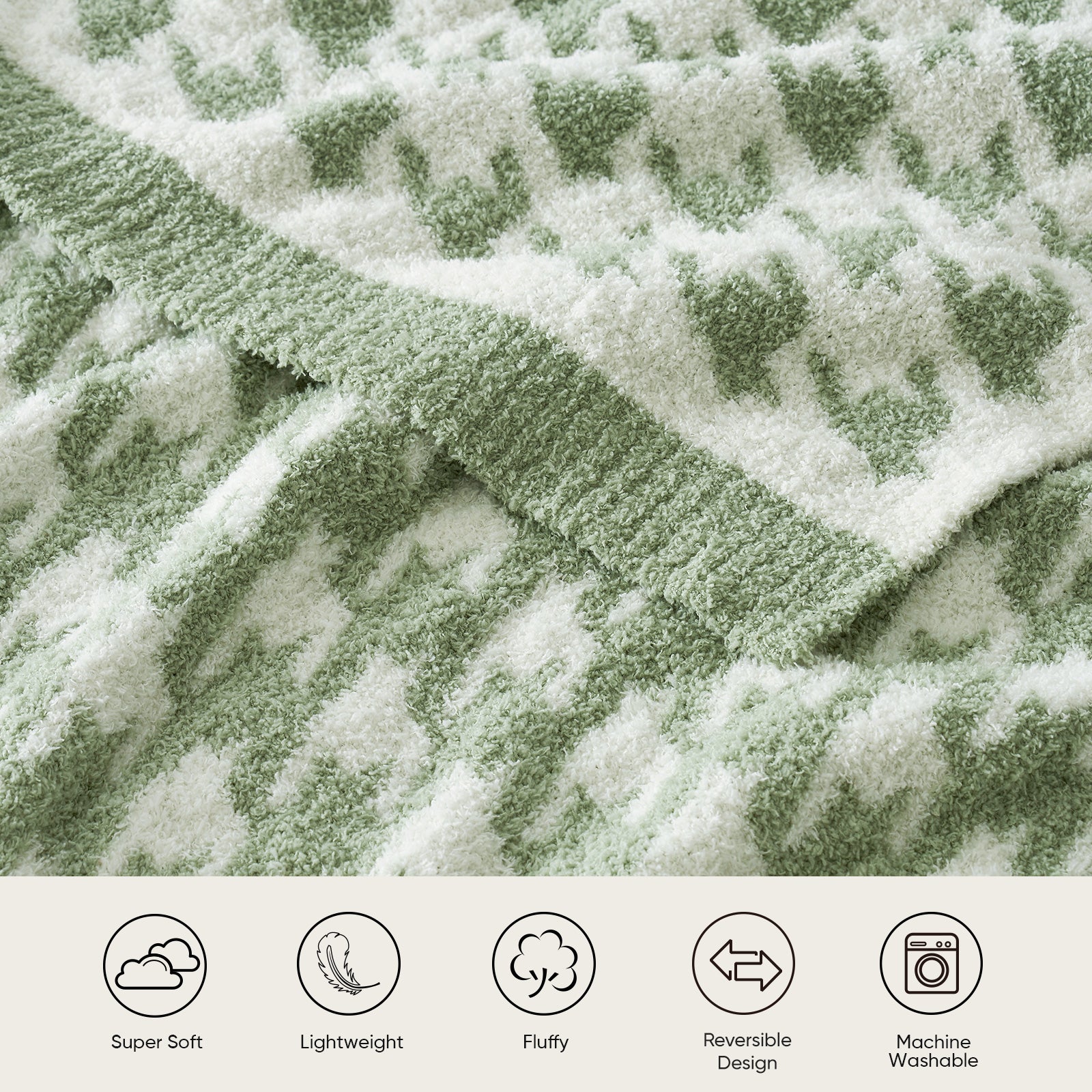 Close-up of green and white checkered fabric with feature icons below. #Color_Sage Green
