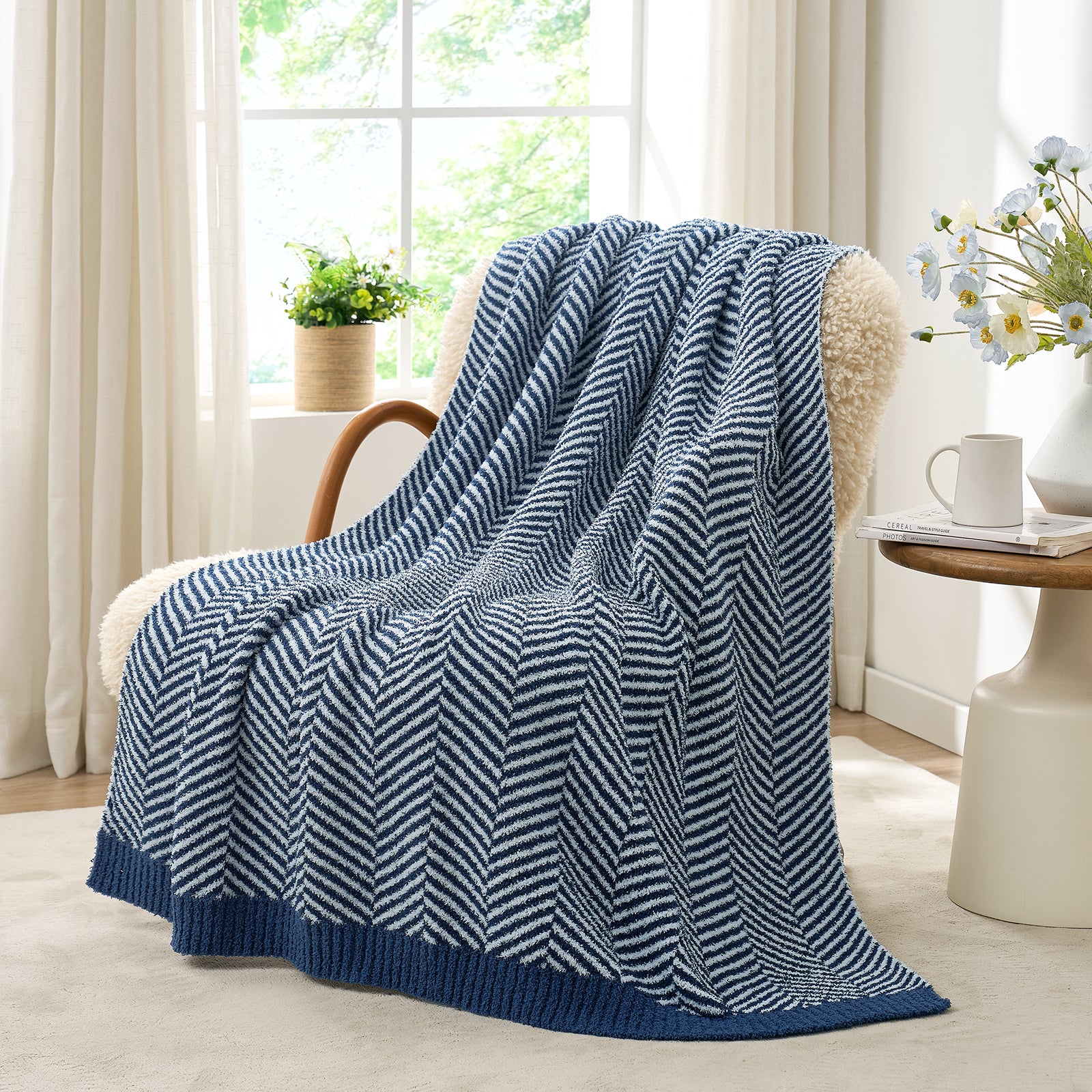 SnugCozy Herringbone Feather Yarn Knit Throw Blanket