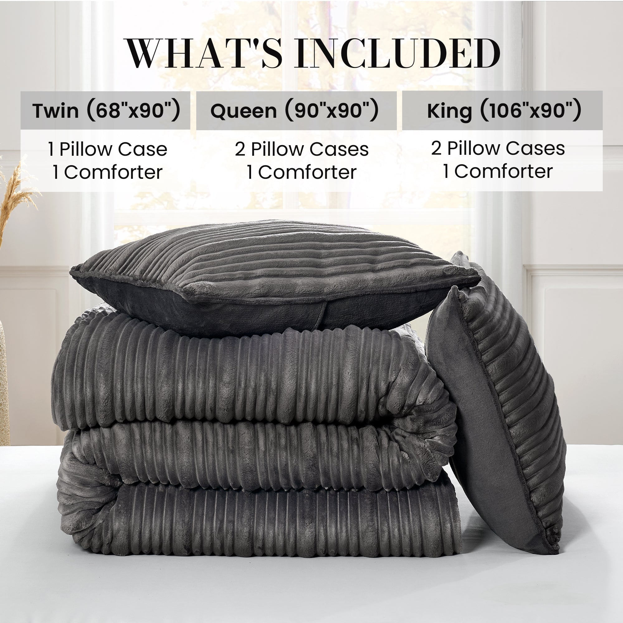 Snuggle Sac Winter Striped Flannel Fleece Comforter Set on bed with different sizes #color_Dark Grey