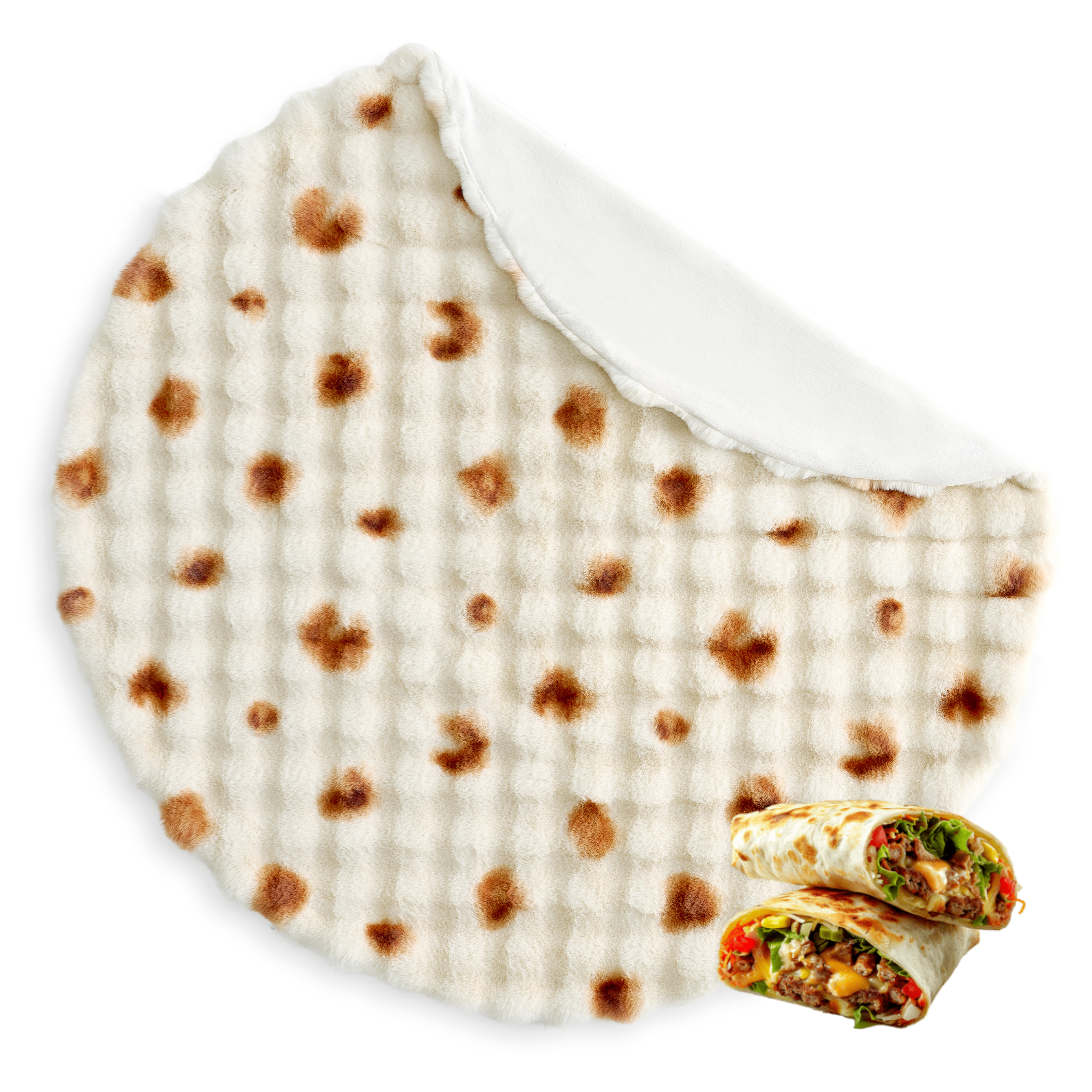 Flatbread with charred spots and a wrapped burrito on a white background