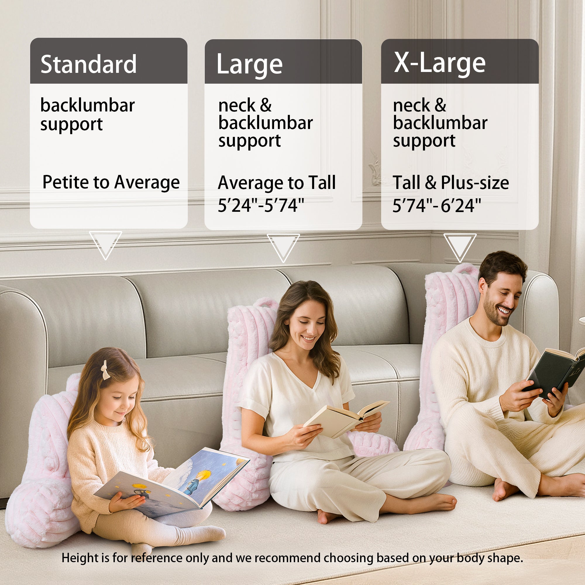3 people sitting down with Snuggle Sac Striped Faux Fur Backrest Reading Pillow showing the difference in sizes#color_Pink