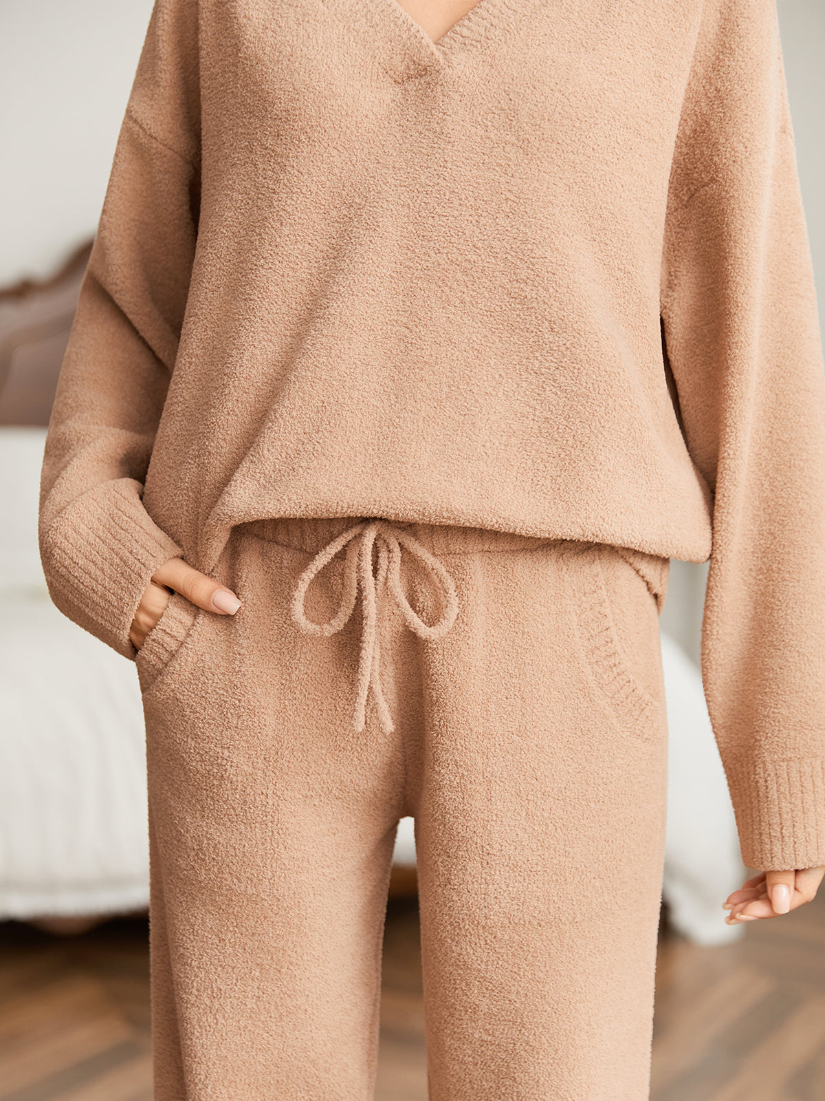 Close up of women long sleeve V-neck knit loungewear set in Khaki, showcasing drawstring waist and soft knit fabric #color_Khaki