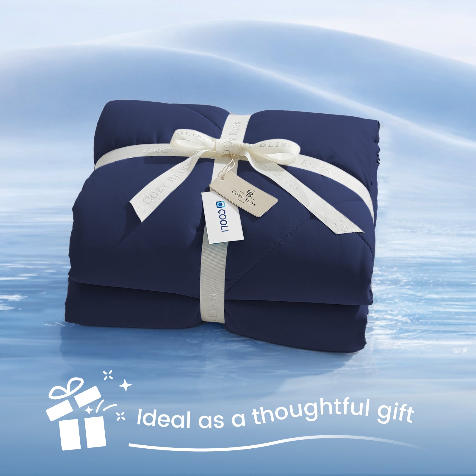 Cozy Bliss Cloud-Like Extra Cooling Comforter in dark blue wrapped as a gift, perfect cozy and stylish present.#Color_Dark Blue