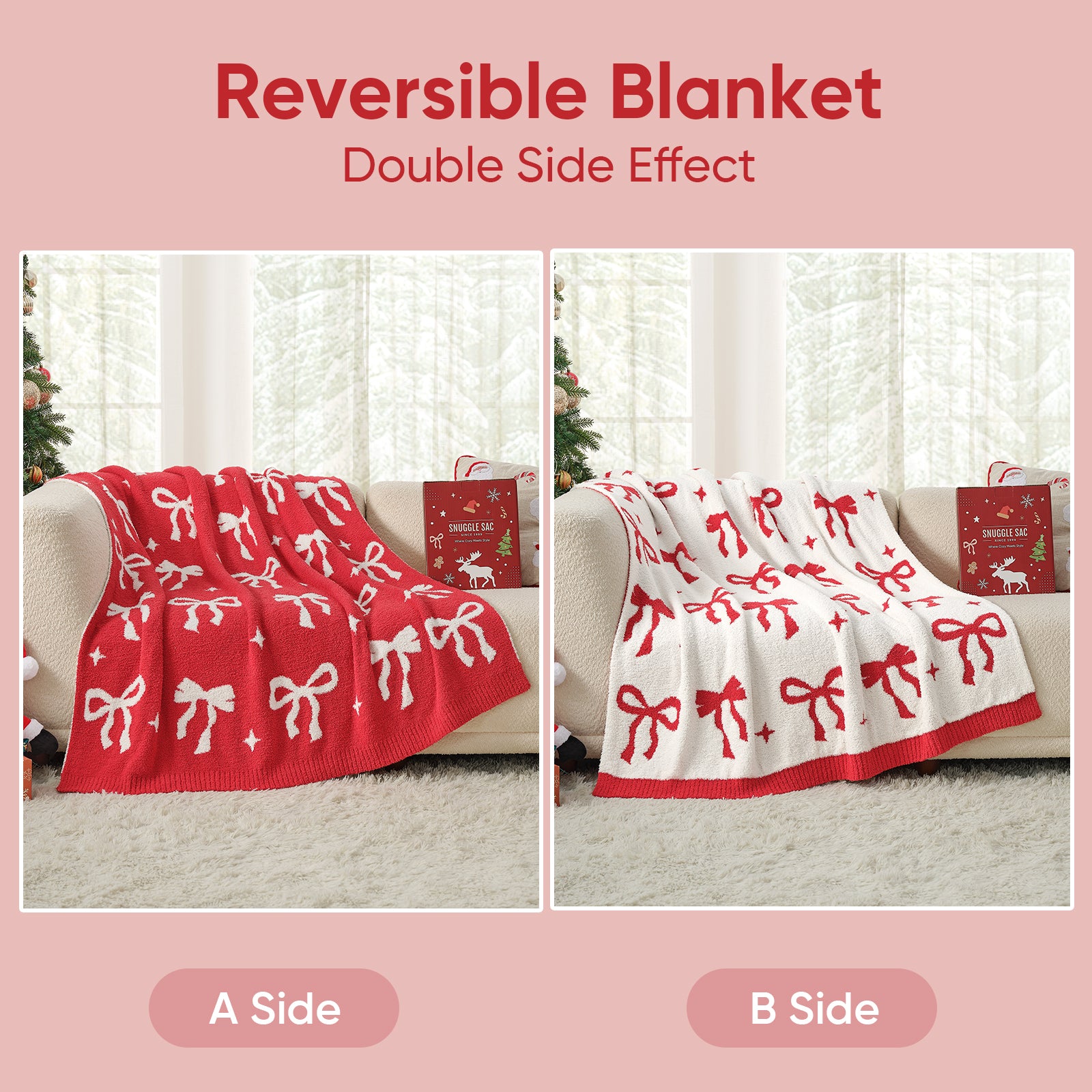 Reversible Red Bow Christmas Throw Blanket