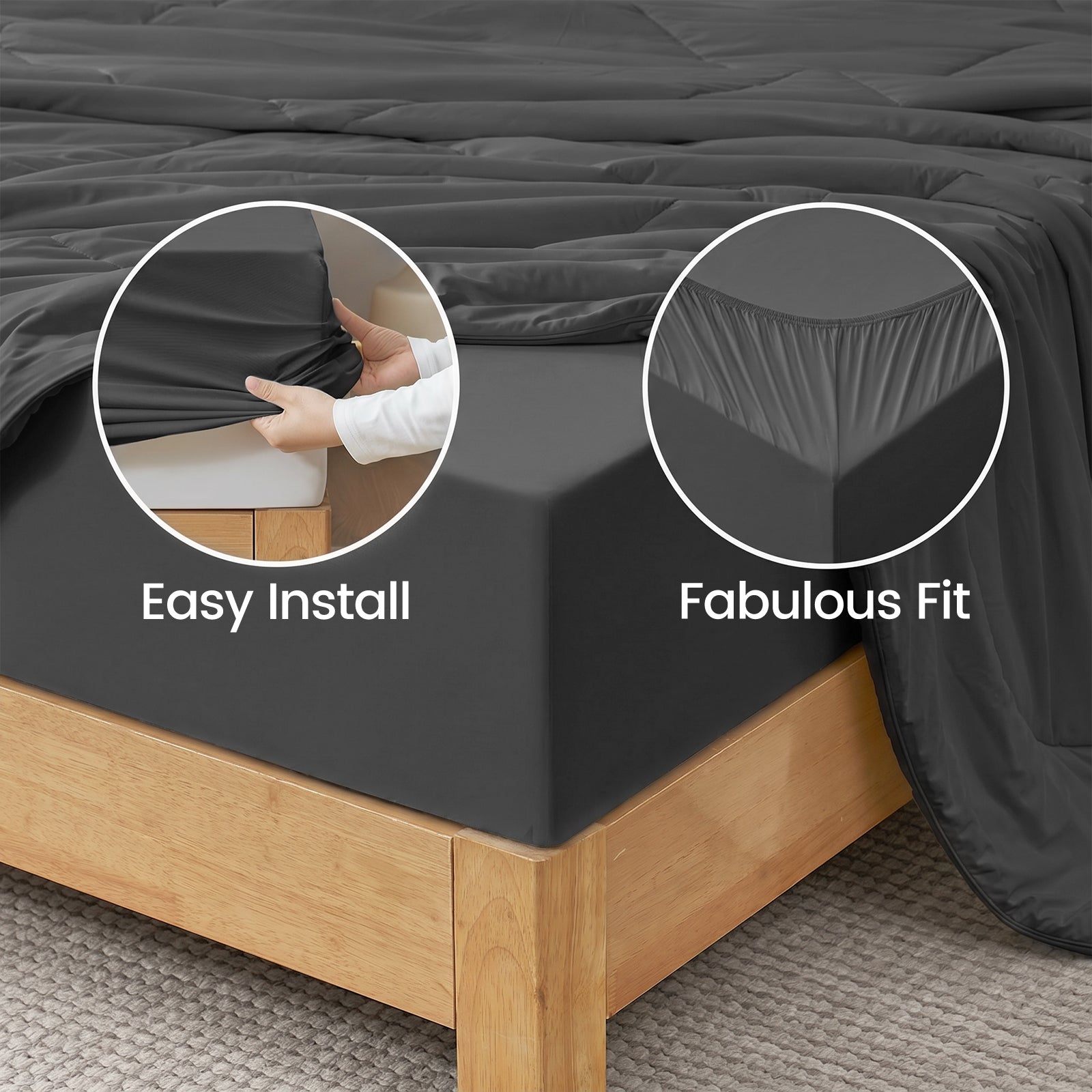 Close up of Snuggle Sac fitted sheet, stay in place and easy install.#color_Charcoal Grey