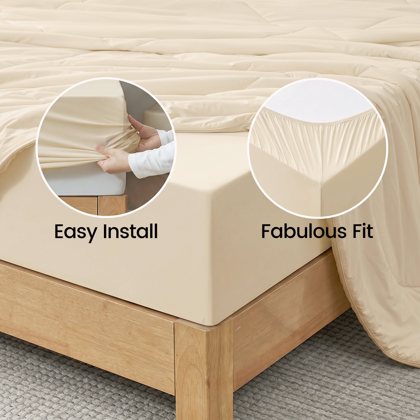 Close up of Snuggle Sac fitted sheet, stay in place and easy install.#color_Khaki