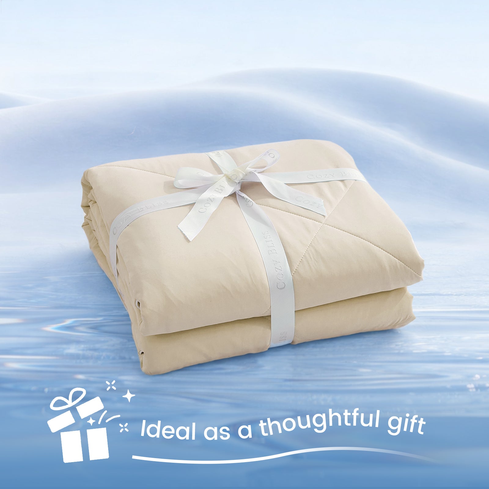 Cozy Bliss Cloud-Like Extra Cooling Comforter in khaki wrapped as a gift, perfect cozy and stylish present.#Color_Khaki