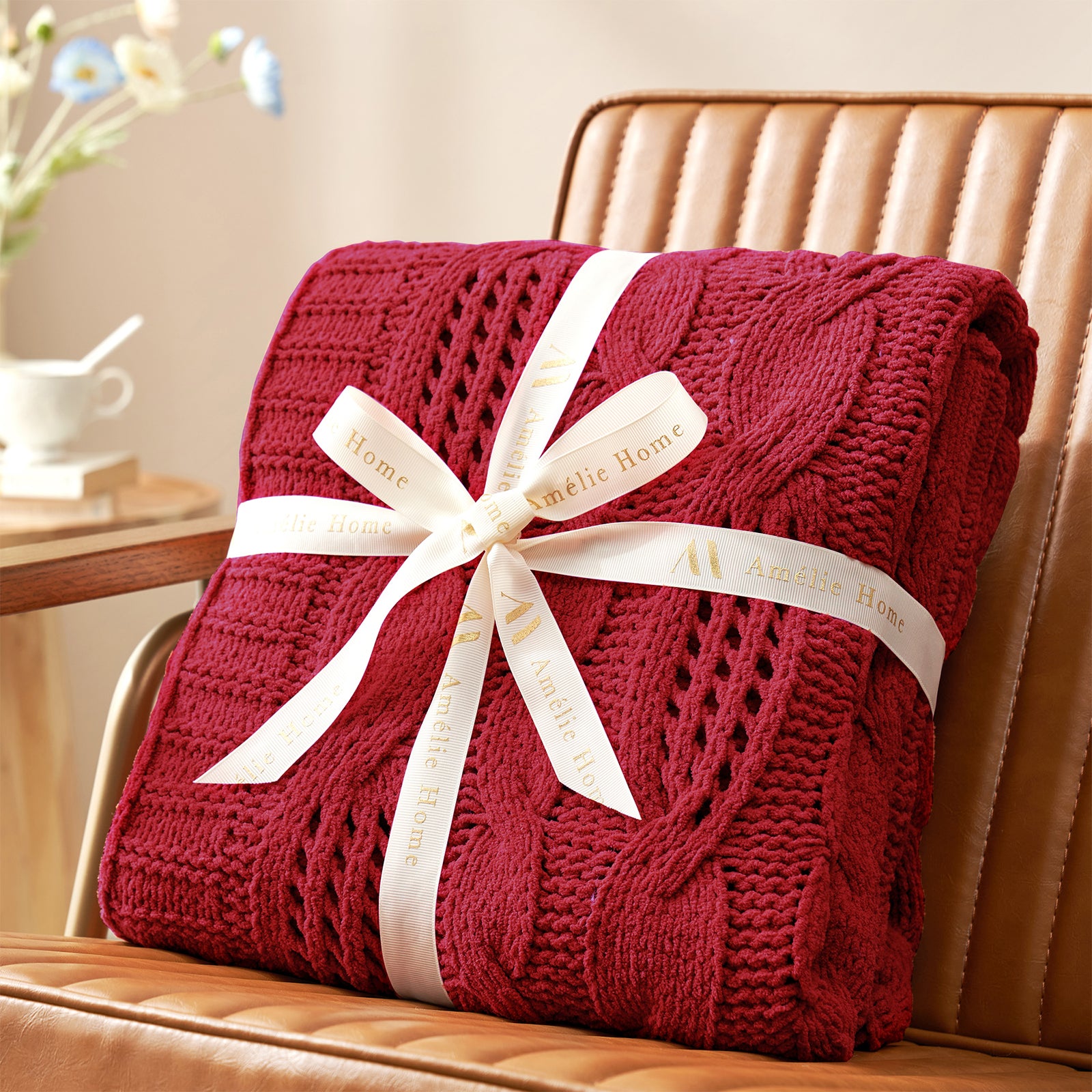 Cable chenille knit throw blanket in Red folded with ribbon perfect for gifting #color_Red