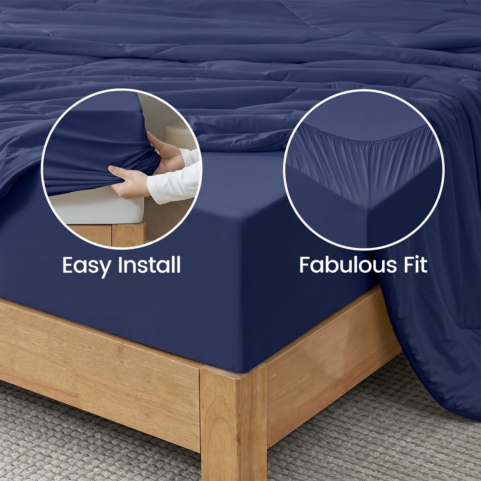 Close up of Snuggle Sac fitted sheet, stay in place and easy install.#color_Dark Blue