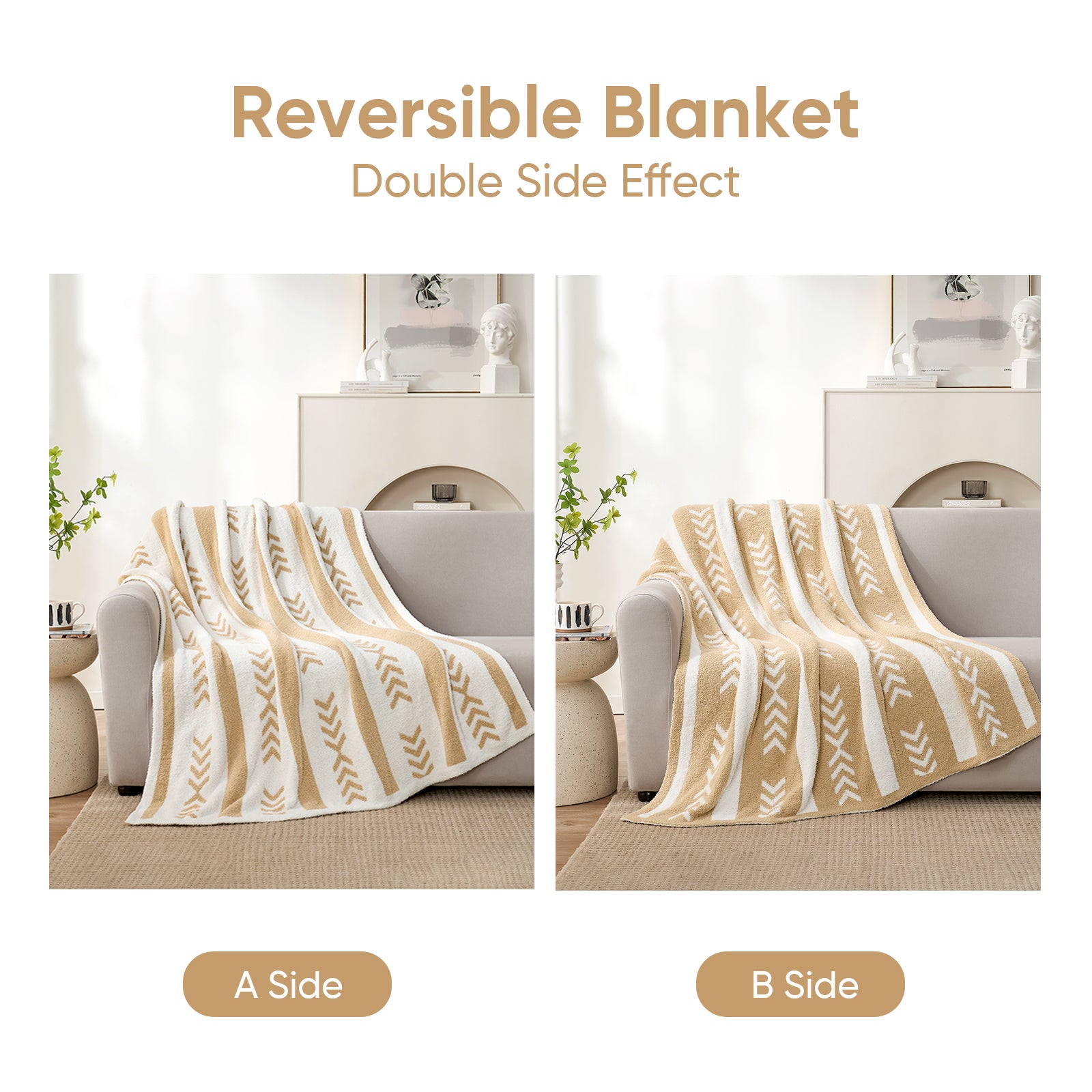 Snuggle Sacs Reversible Boho Feather Yarn Knit Throw Blanket with pictures showing the double side effect#color_beige