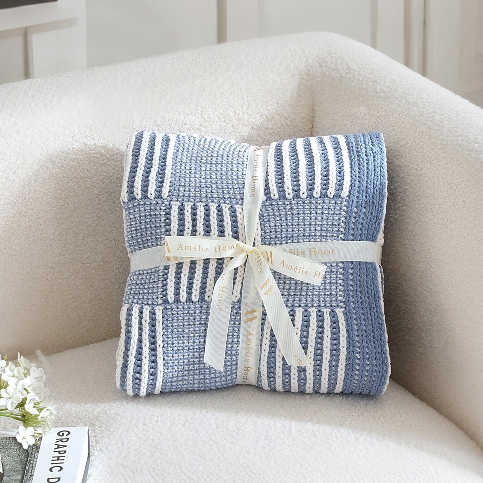 Snuggle Sac two tone checkered chenille knit throw blanket in Blue folded with ribbon perfect for gifting #color_Blue