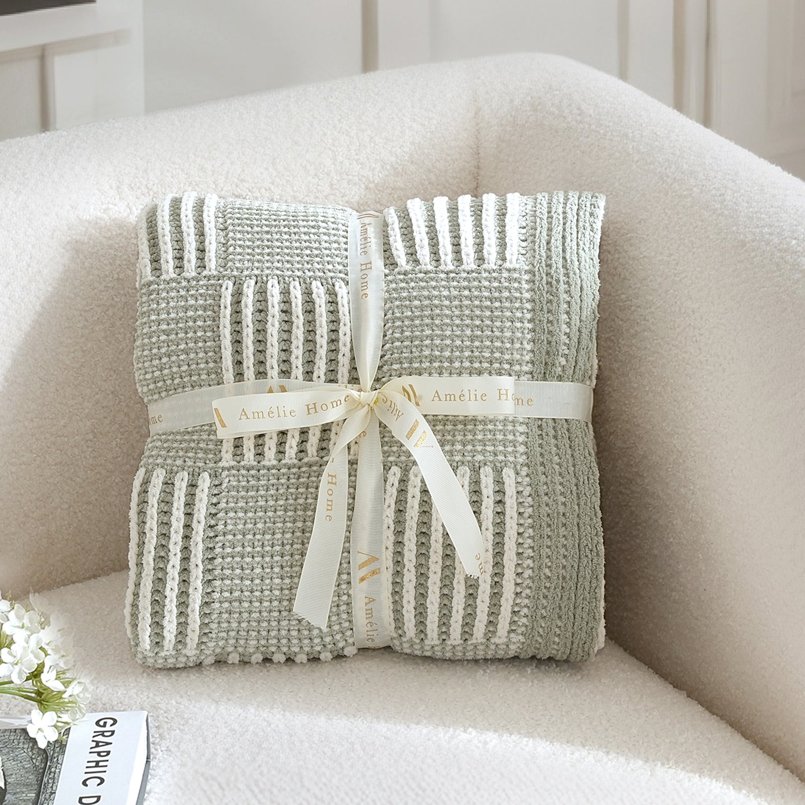 Snuggle Sac two tone checkered chenille knit throw blanket in Sage Green folded with ribbon perfect for gifting #color_Sage Green