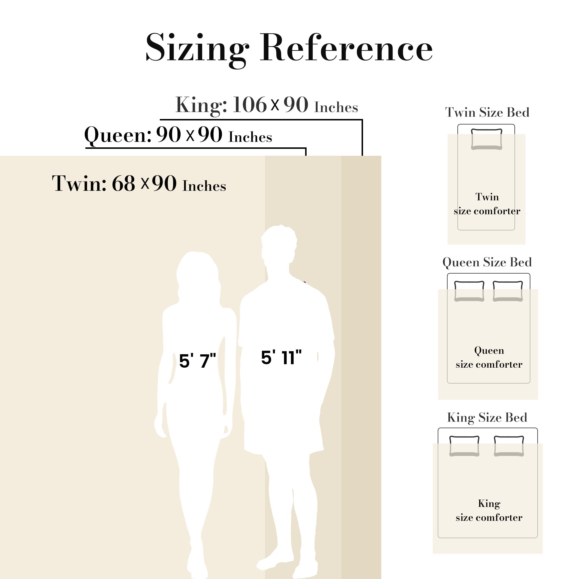 Two peple with different height standing as a reference to the different bedding sizes of Snuggle Sac Cooling comforter#color_Beige