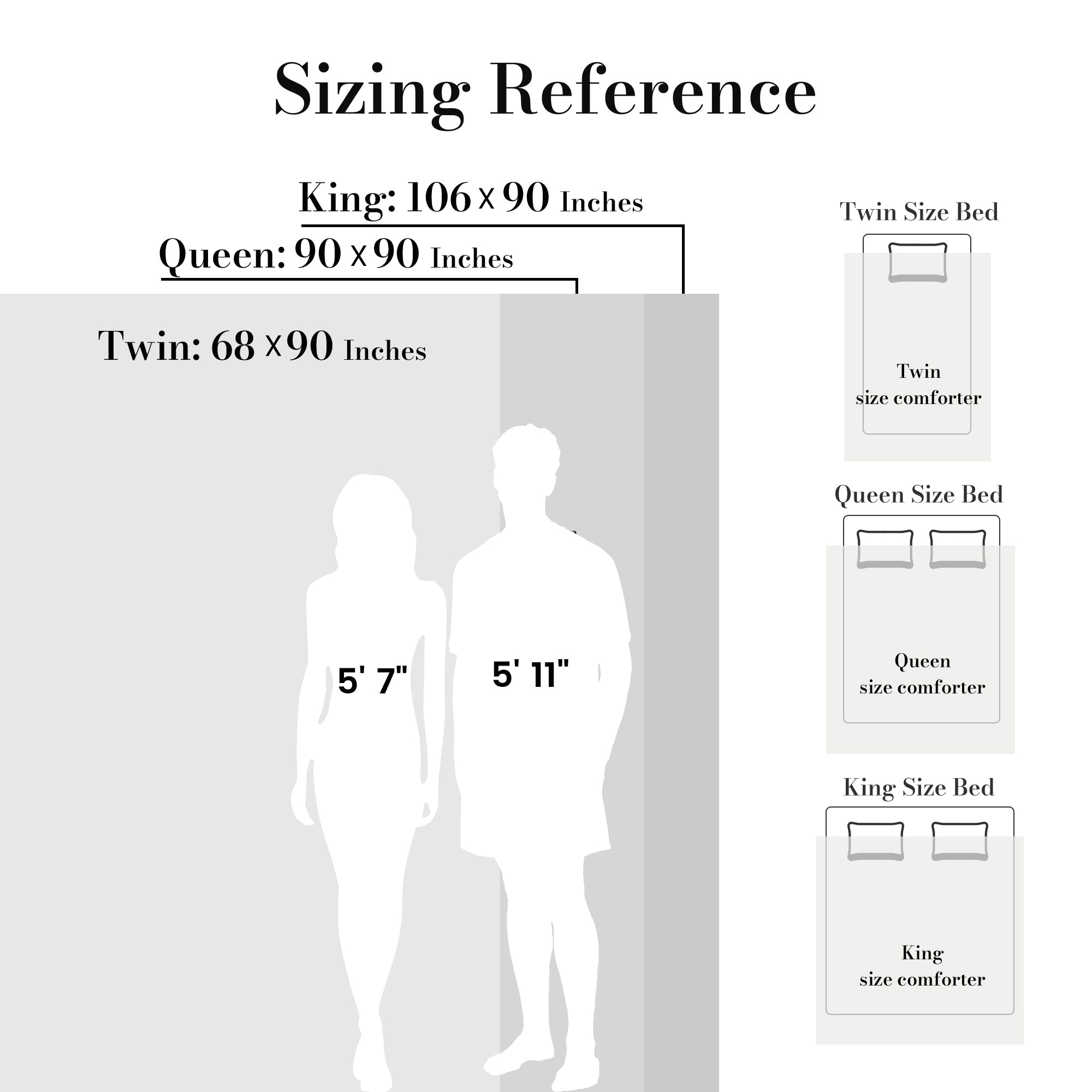 Two peple with different height standing as a reference to the different bedding sizes of Snuggle Sac Cooling comforter#color_Off White