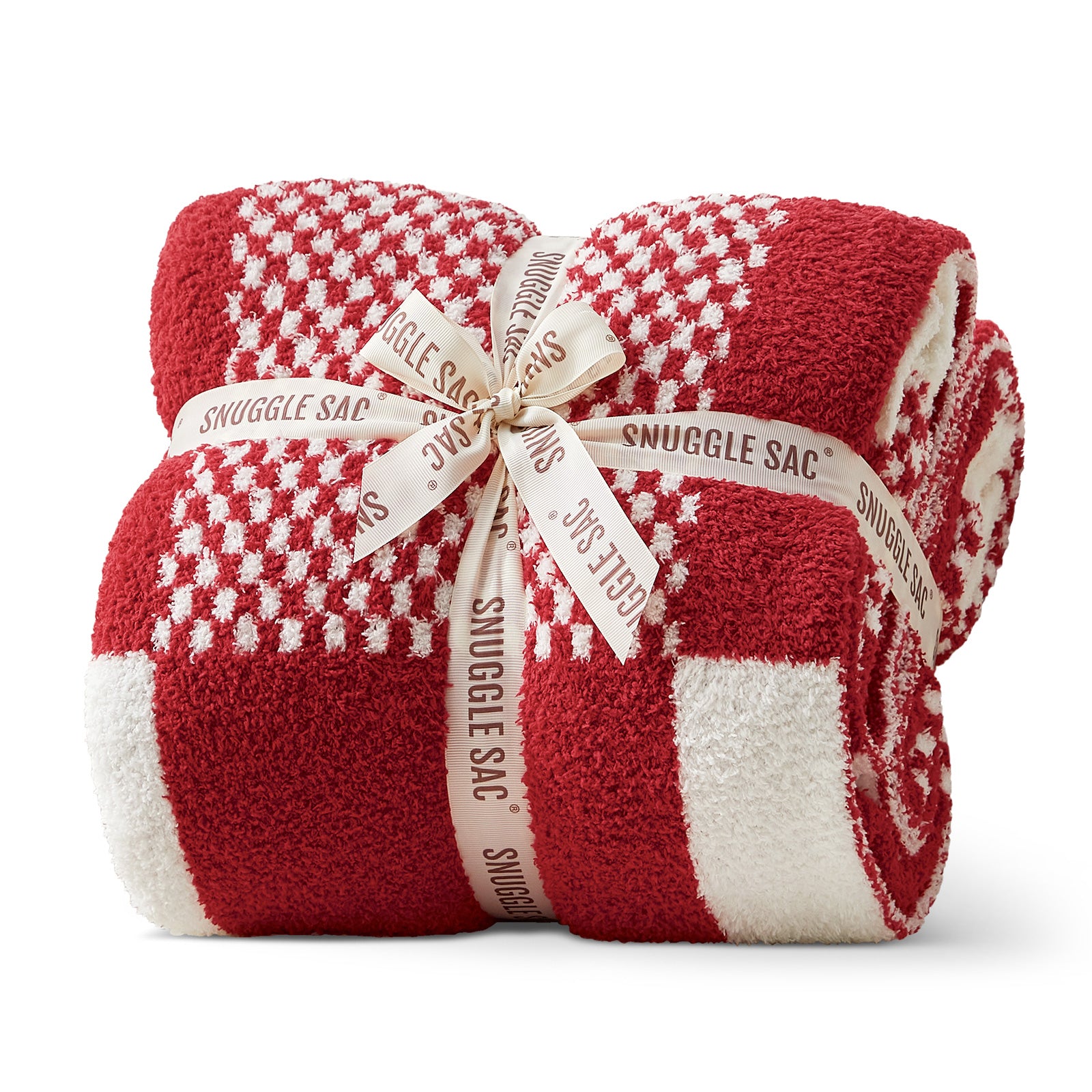 Red and white checkered blanket with a bow, branded 'Snuggle Sac', on a white background #color_Red White