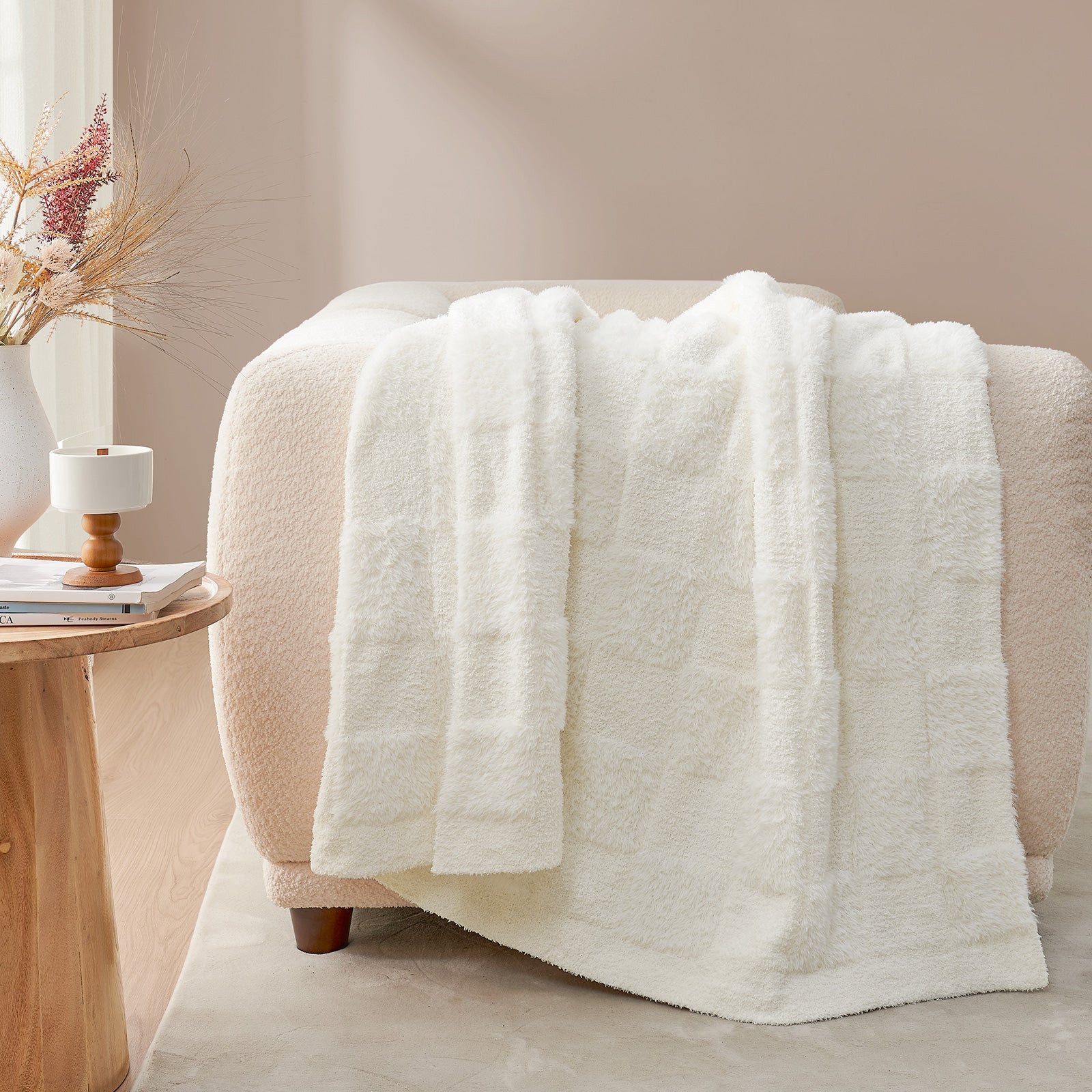 Checkered Faux Fur Microfiber Blanket - #Color_Solid Ivory