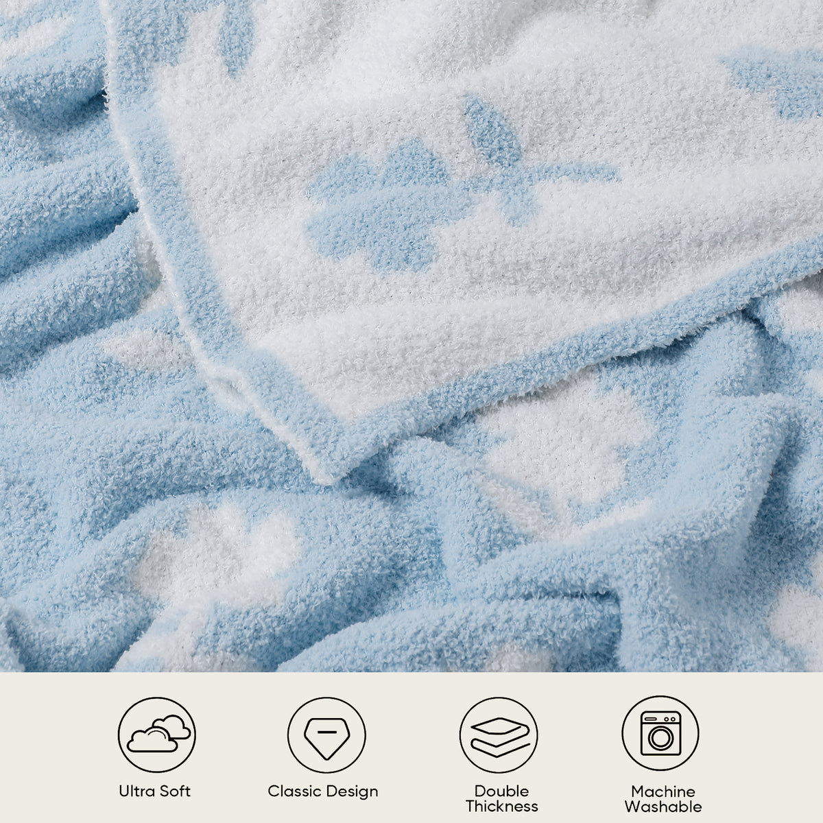 Close up of Flower Throw Blanket, featuring 'Ultra Soft, Classic Design, Double Thickness and Machine Washable' #color_Sky Blue