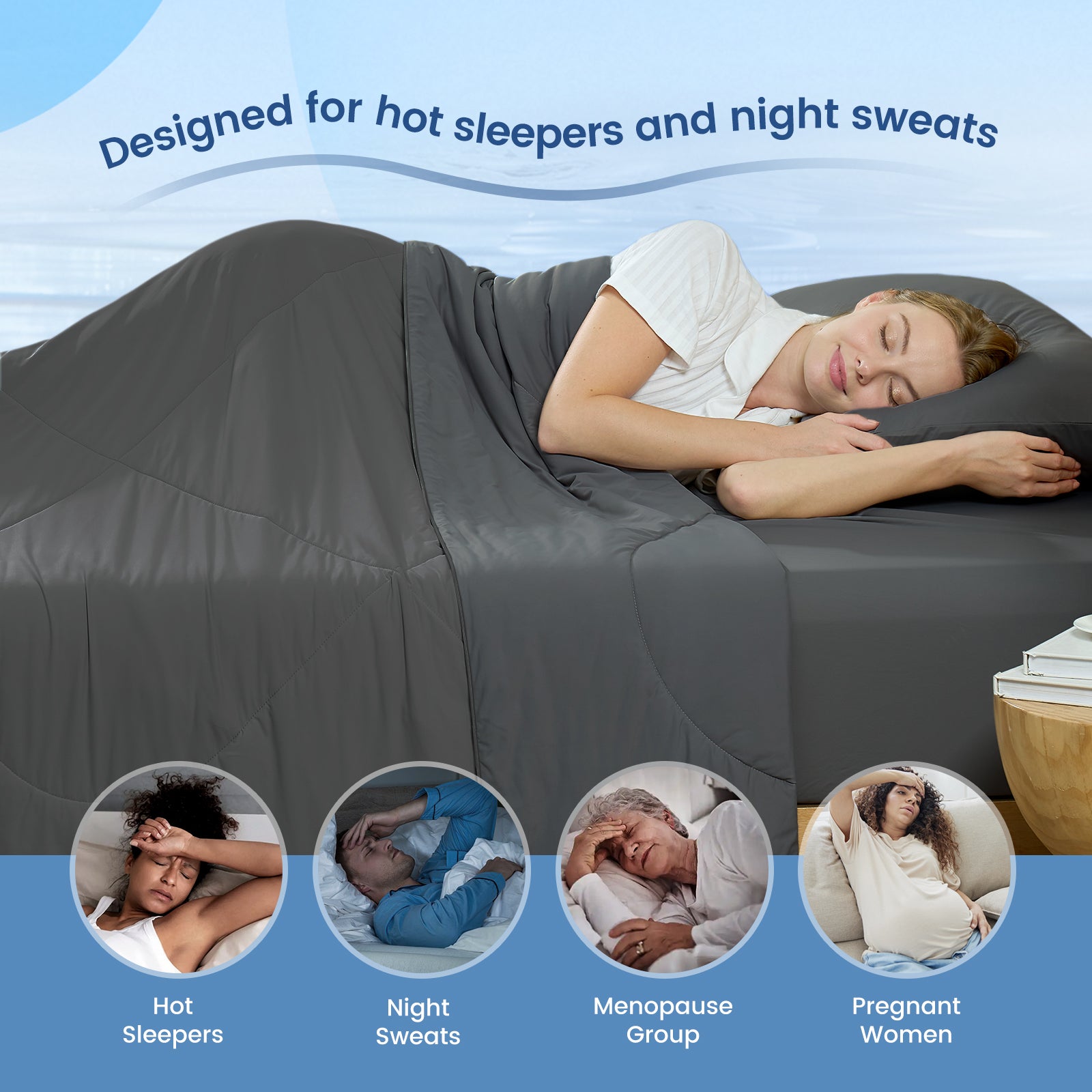 Women sleeping with Cozy Bliss cooling blanket, perfect for hot sleepers, night sweats, menopause group and pregnant women. #Color_Charcoal Grey
