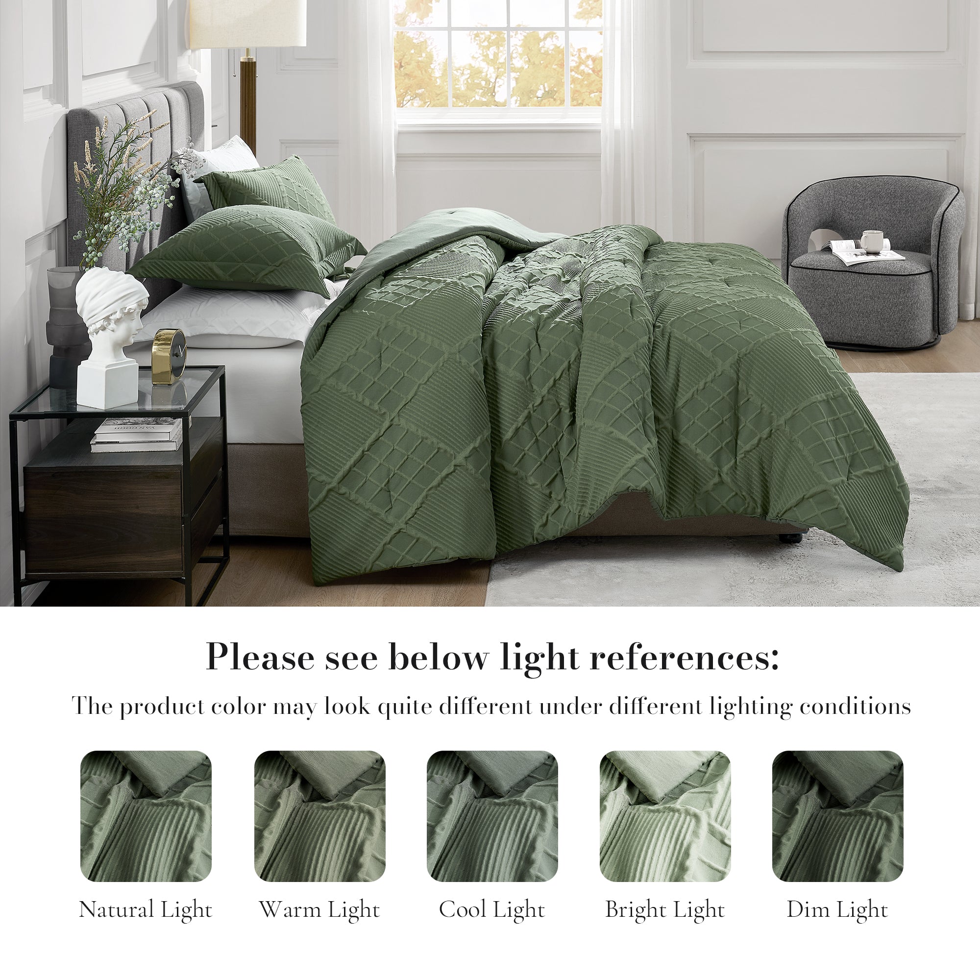Snuggle Sac Cooling comforter set on the bed showing different lighting references#color_Oliver Green