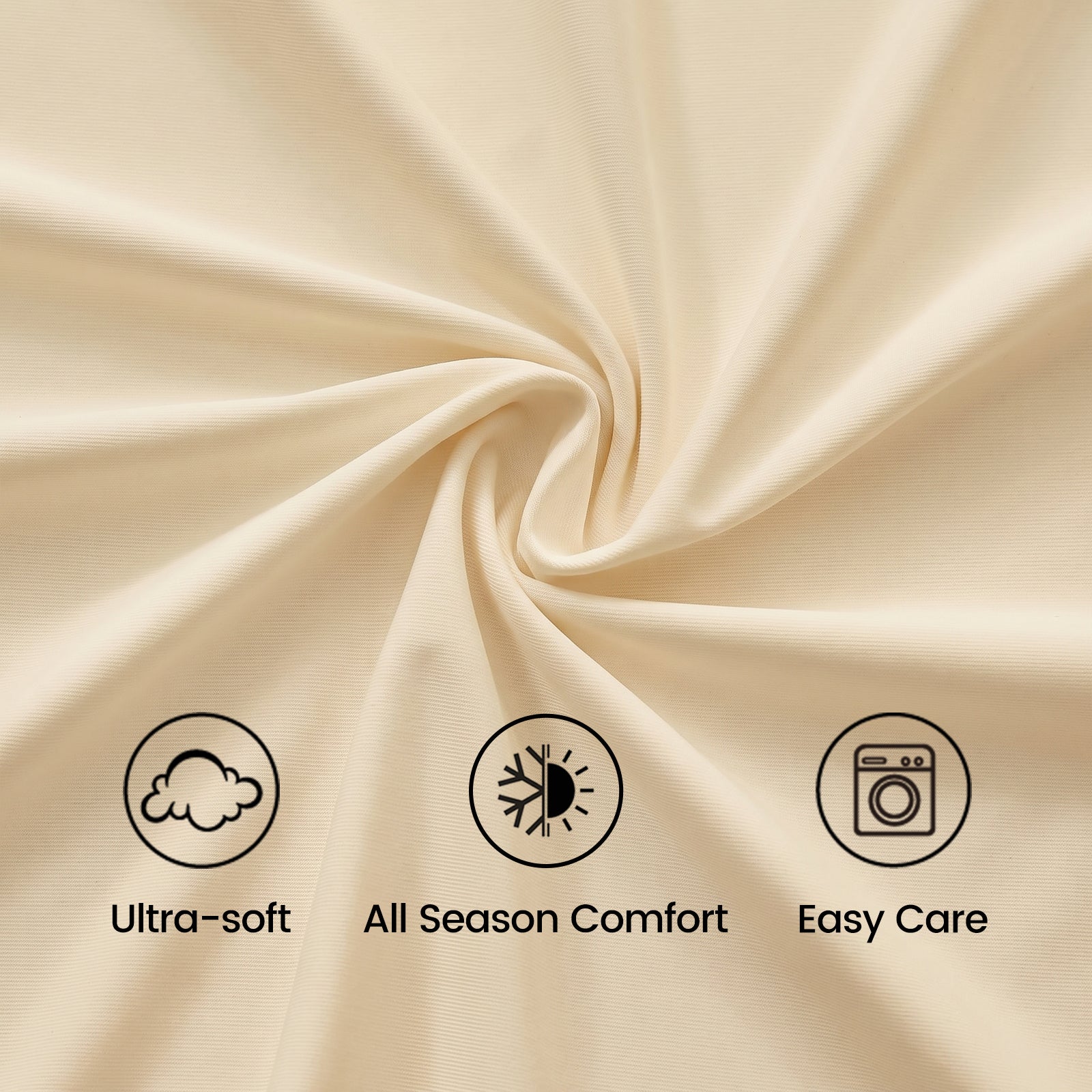 Close up of charcoal gray fabric with icons and text indicating ultra-soft, all-season comfort, and easy care.#color_Khaki