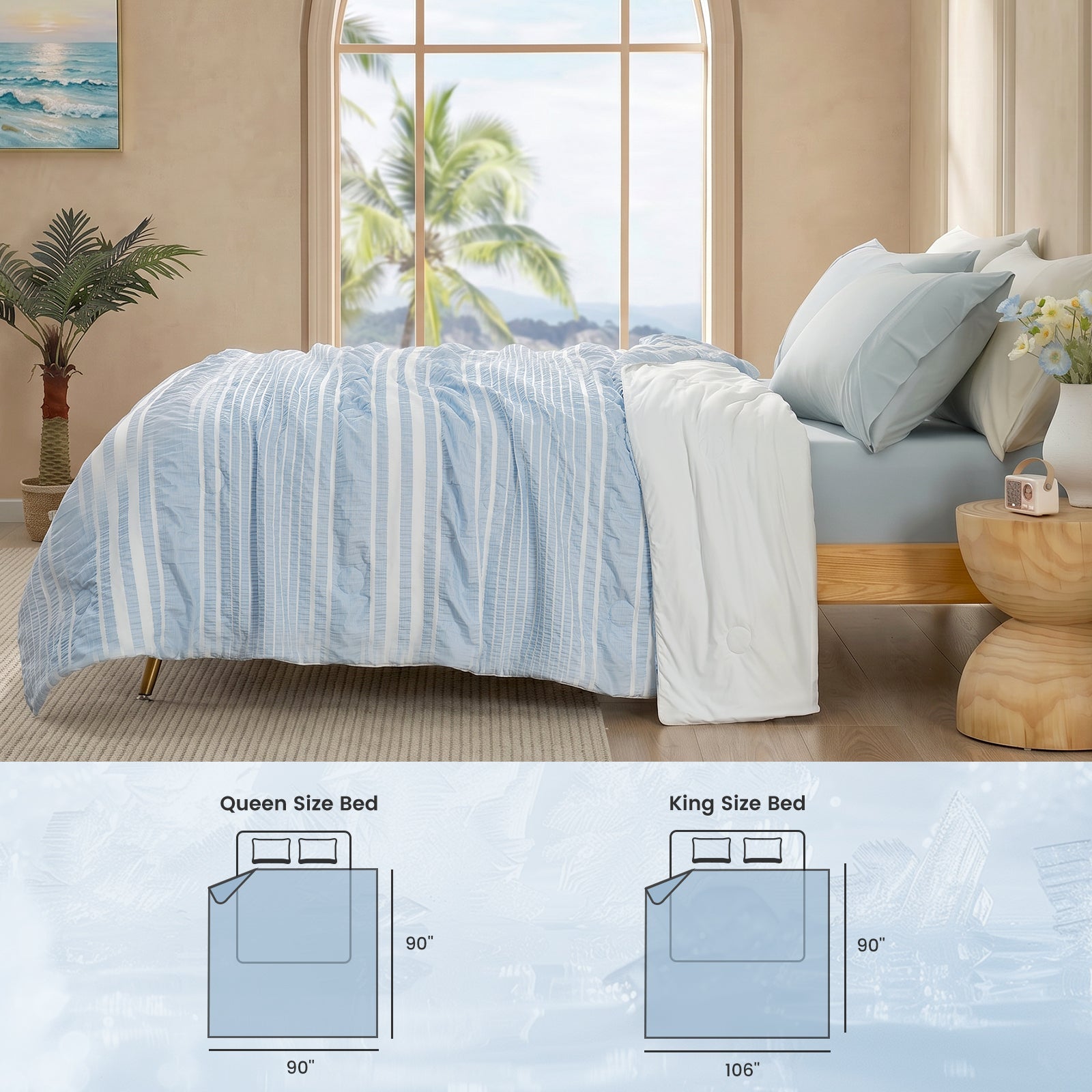Snuggle Sac cooling comforter in Sky Blue displayed with queen and king size reference #color_Sky Blue