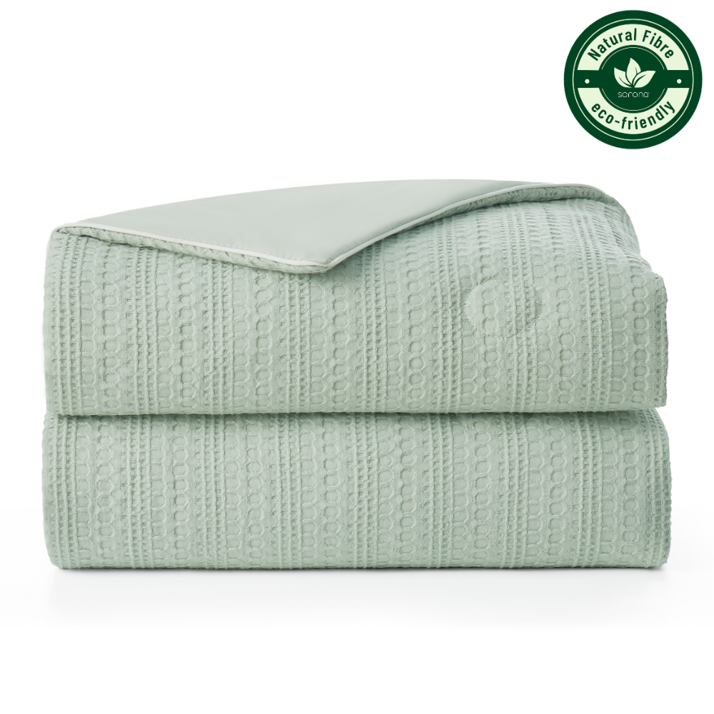 Folded Snuggle Sac Natural Fiber Waffle Cooling Comforter, featuring Sorona natural fiber#color_Sage Green