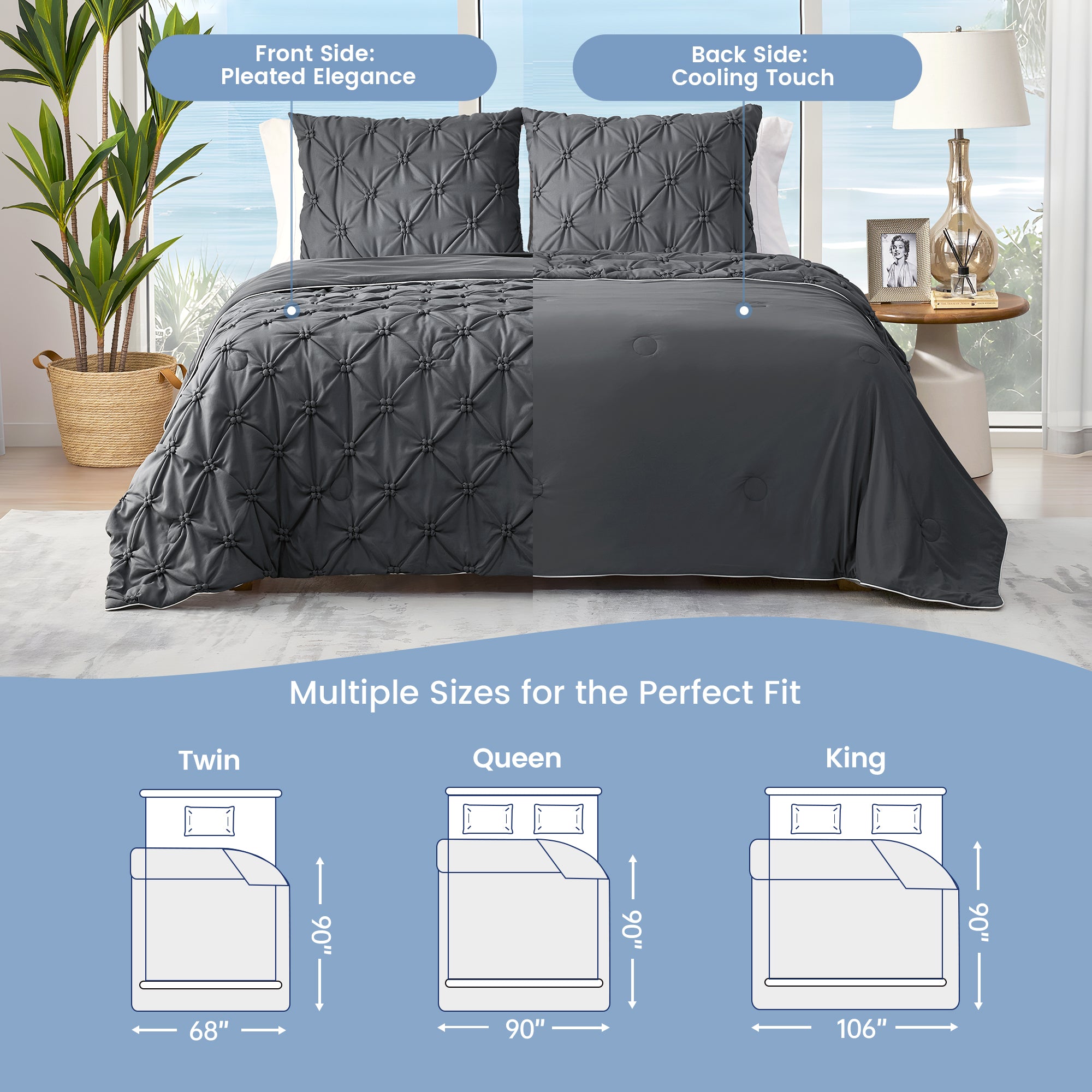 Snuggle Sac Cooling comforter in charcoal grey on bed in a bedroom with mountains in snow as a view behind#color_Charcoal Grey