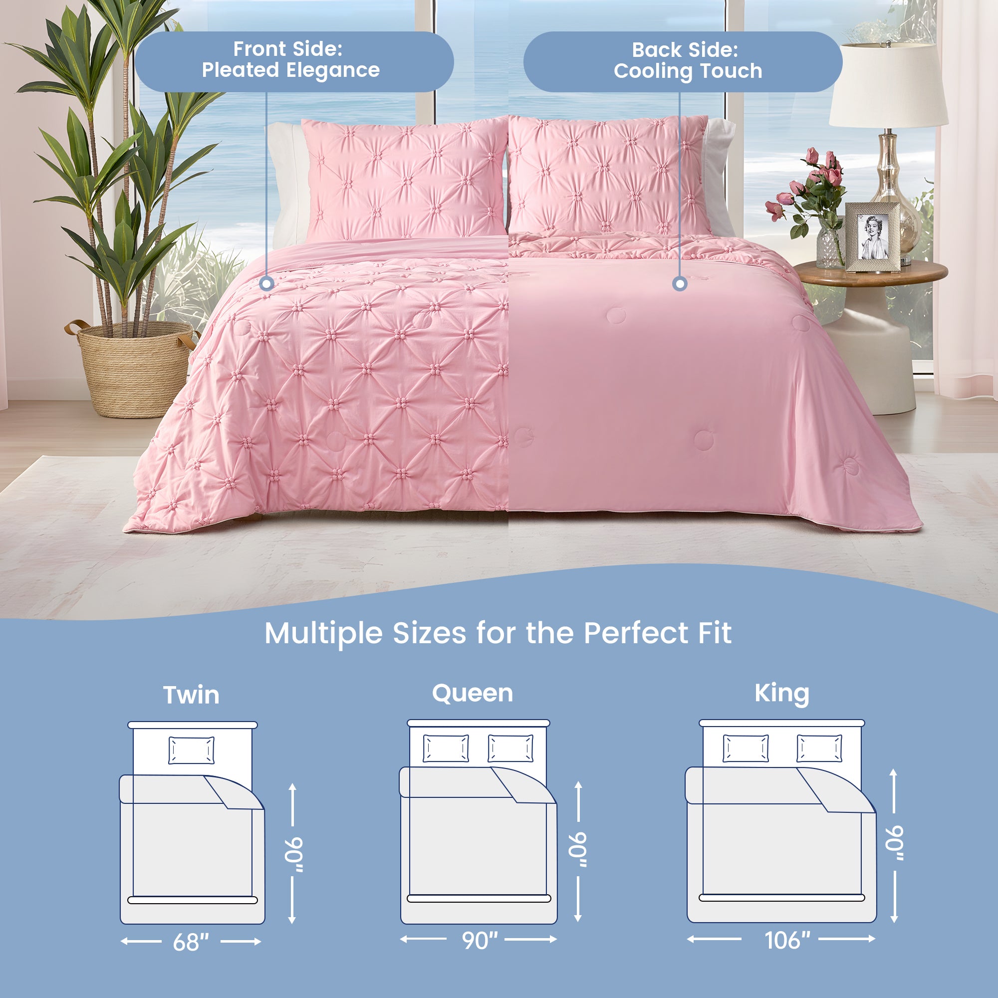 Pink quilted coverlet on a bed with size chart below#color_Pink