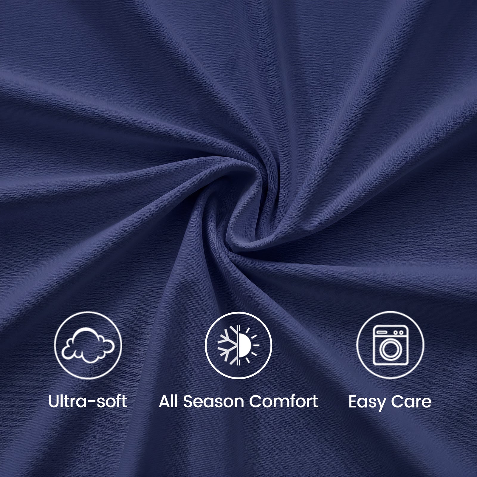 Close up of charcoal gray fabric with icons and text indicating ultra-soft, all-season comfort, and easy care.#color_Dark Blue